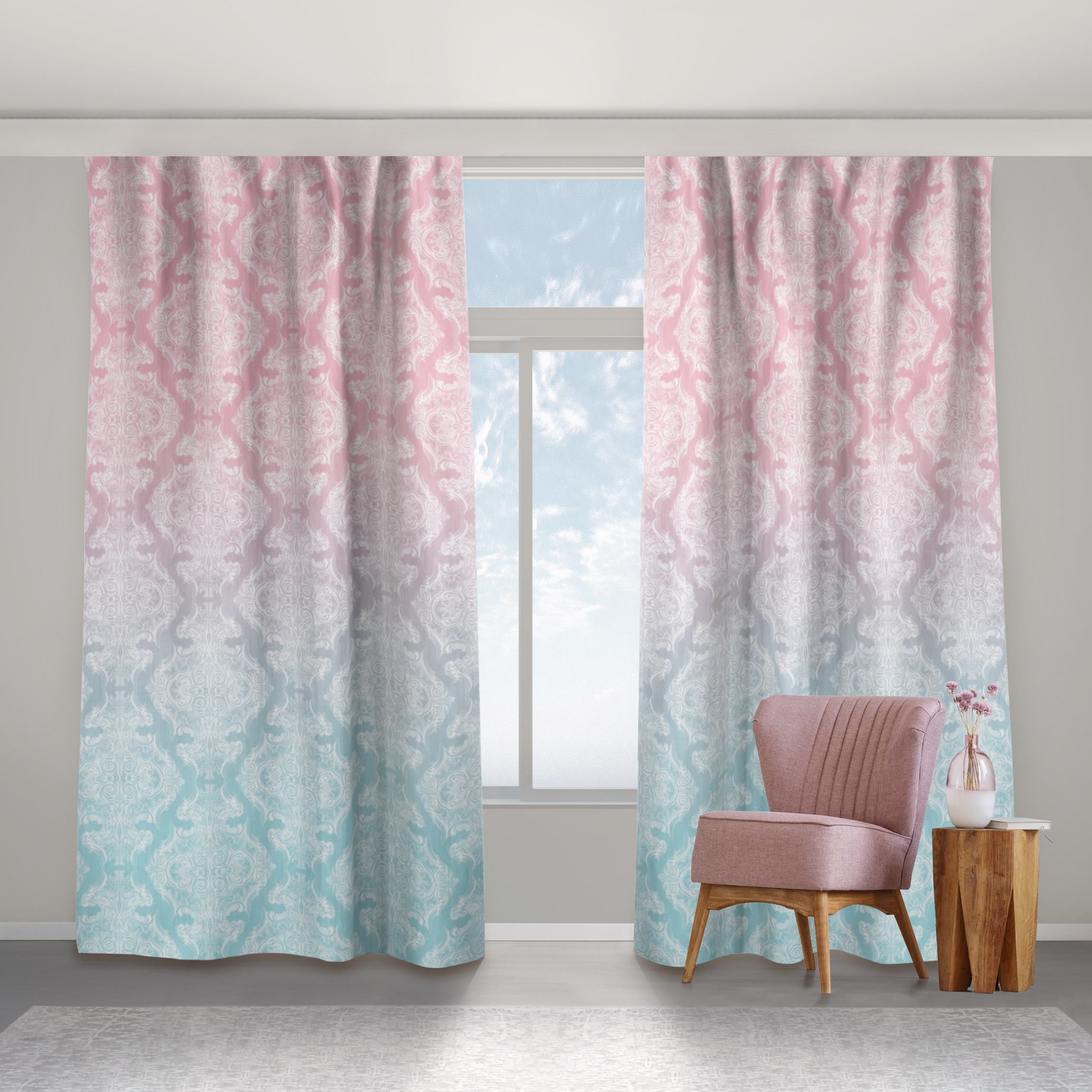 Vorhang Aquarell Barock Muster mit Blau Rosa Verlauf