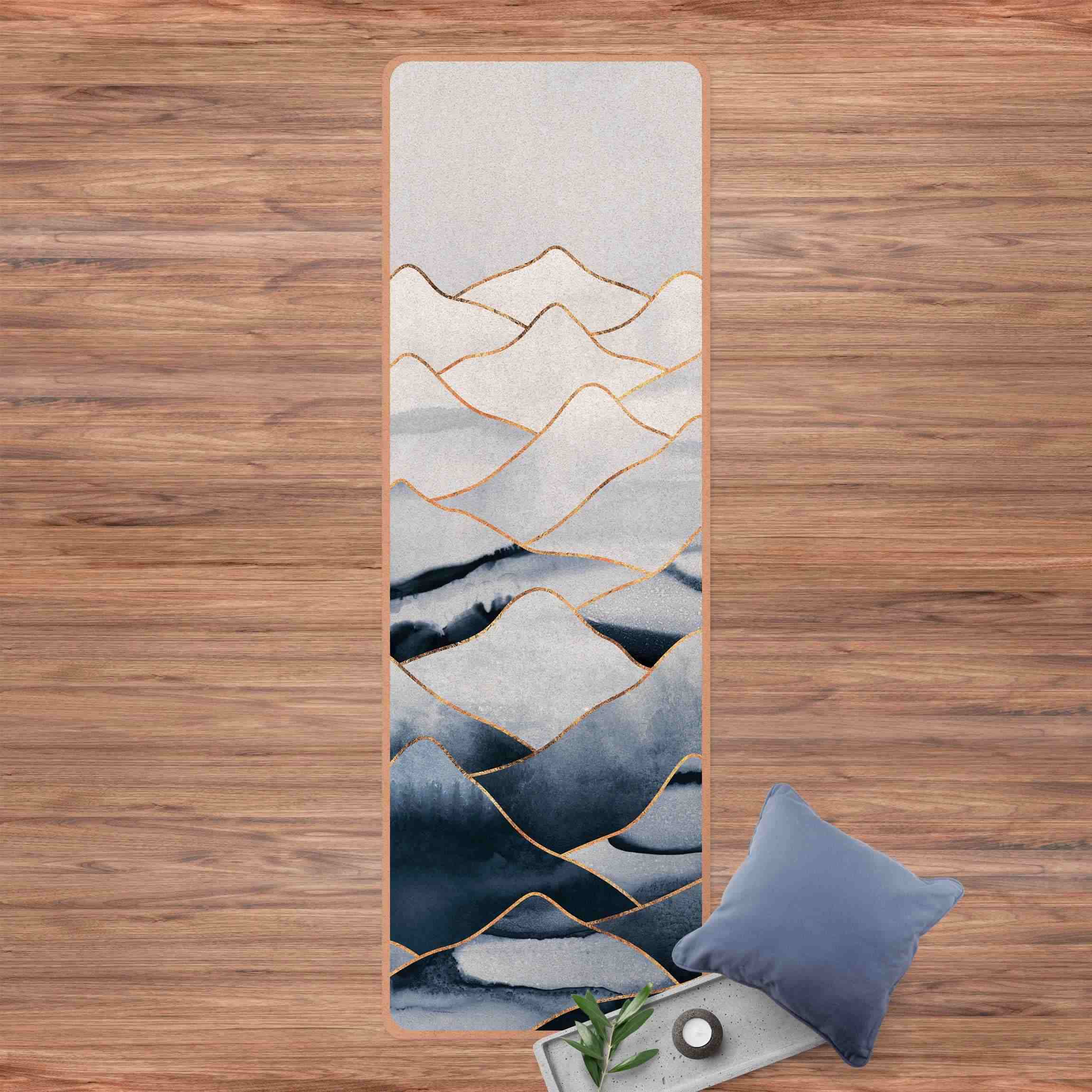 Yogamatte Kork Aquarell Berge Weiß Gold