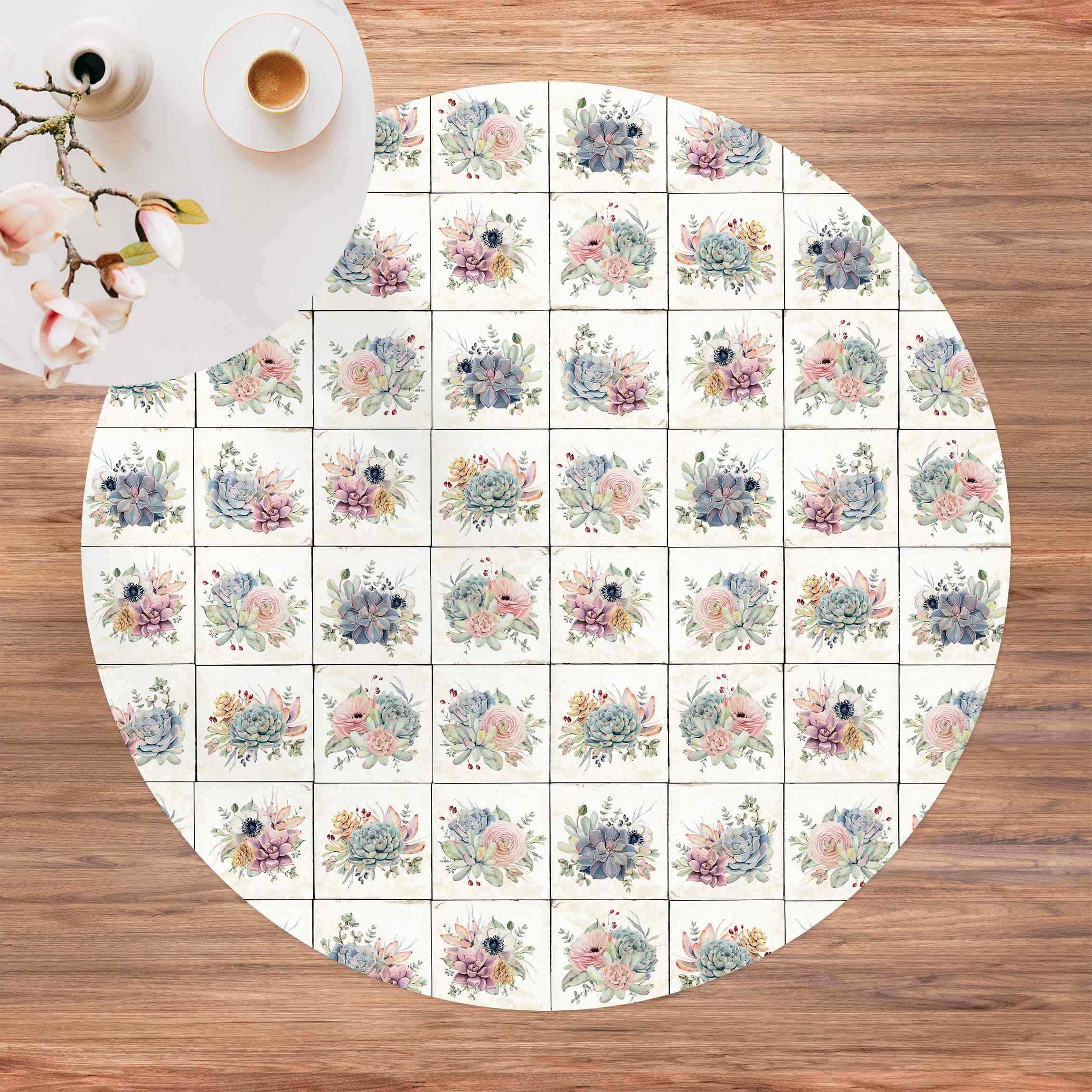 Runder Vinyl-Teppich Aquarell Blumen Landhaus