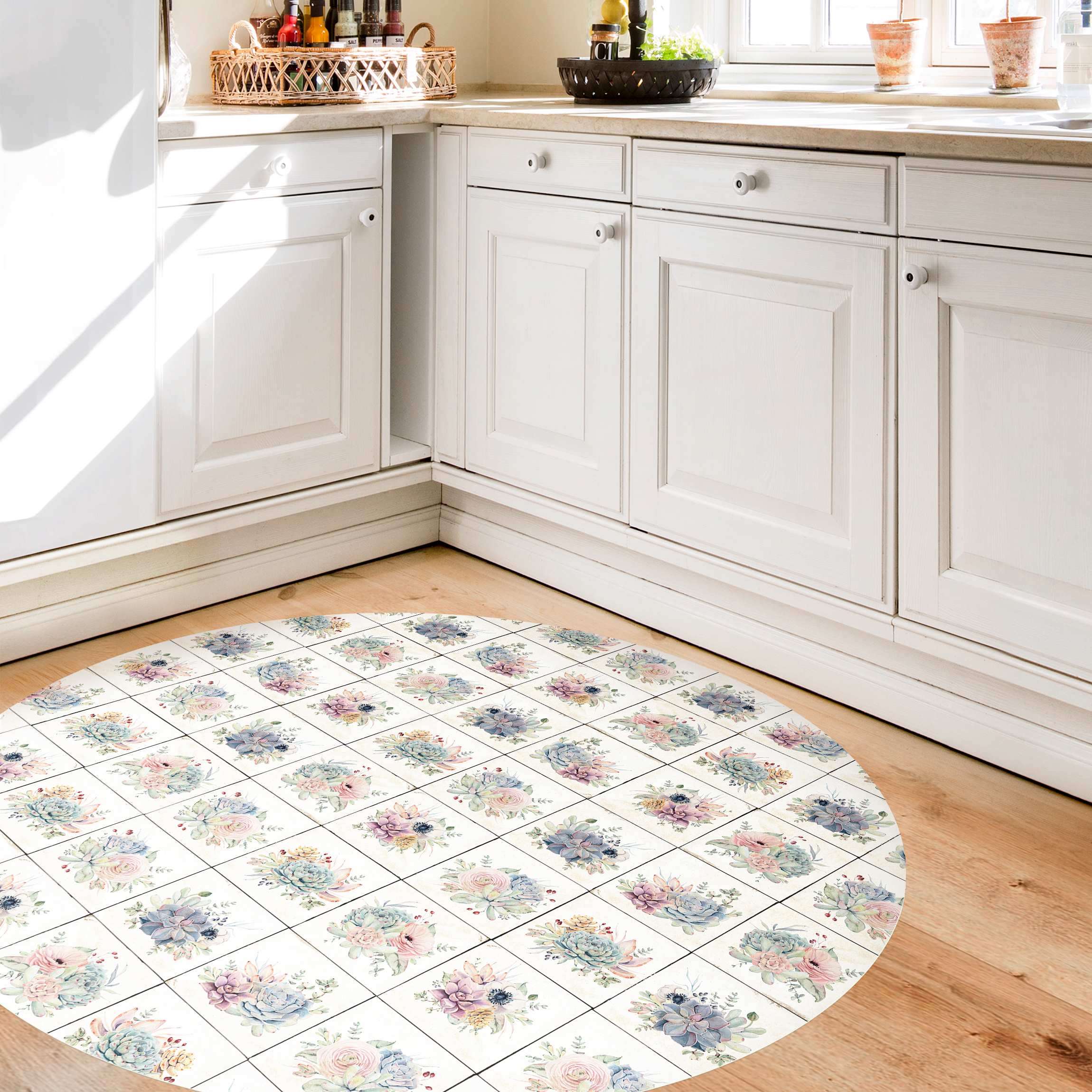 Runder Vinyl-Teppich Aquarell Blumen Landhaus