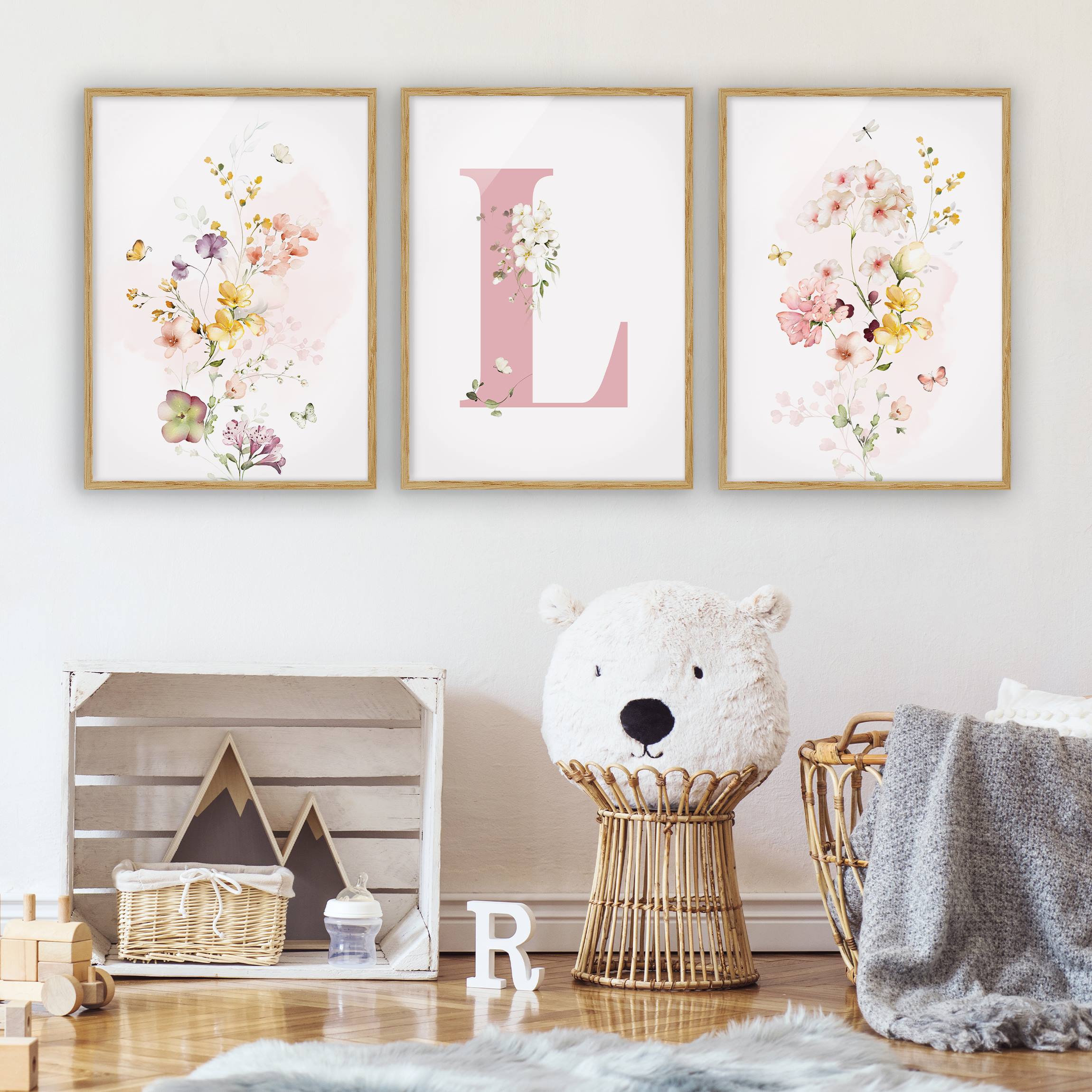 Bilderwände Aquarell Blumen mit Wunschbuchstabe