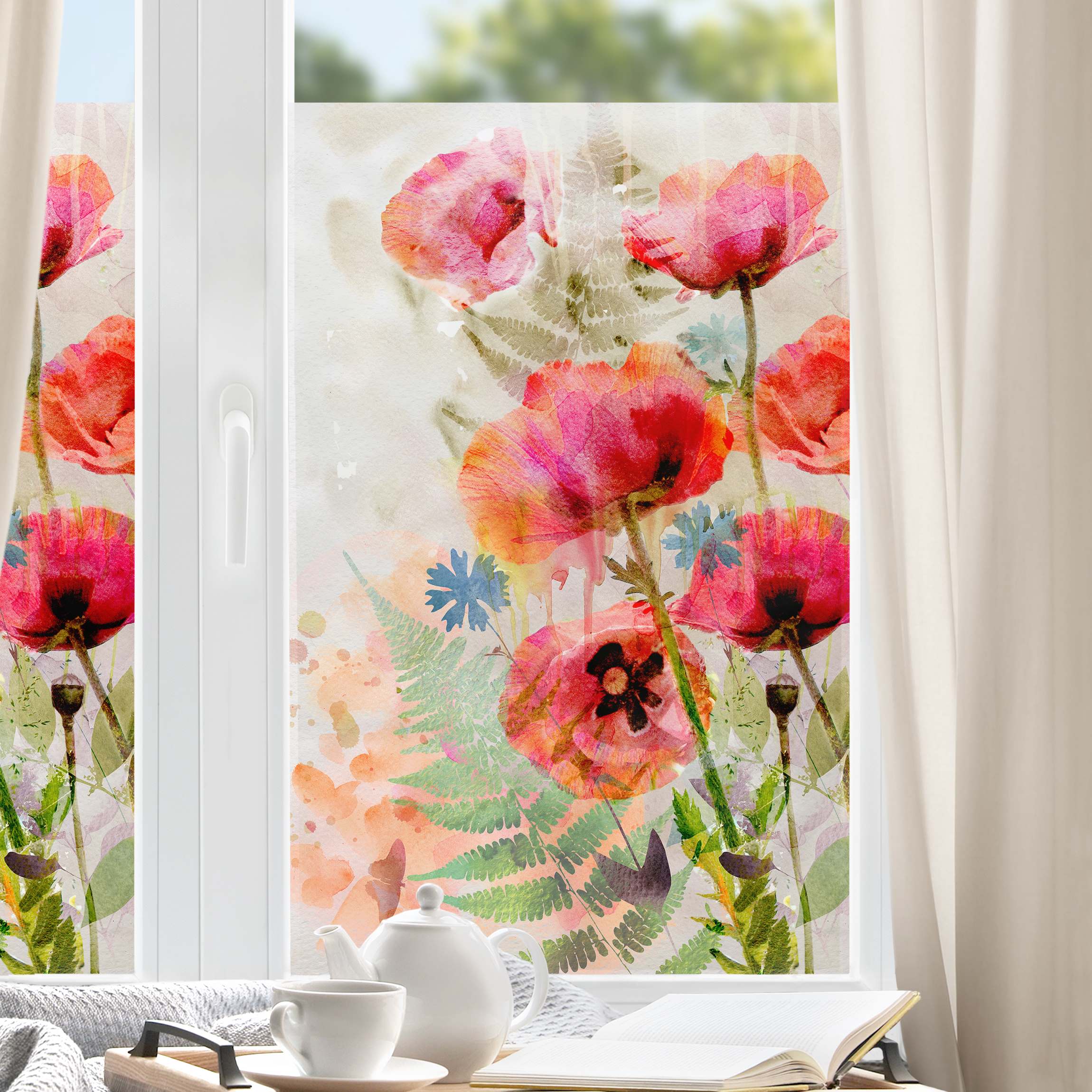 Fensterfolie Aquarell Blumen Mohn