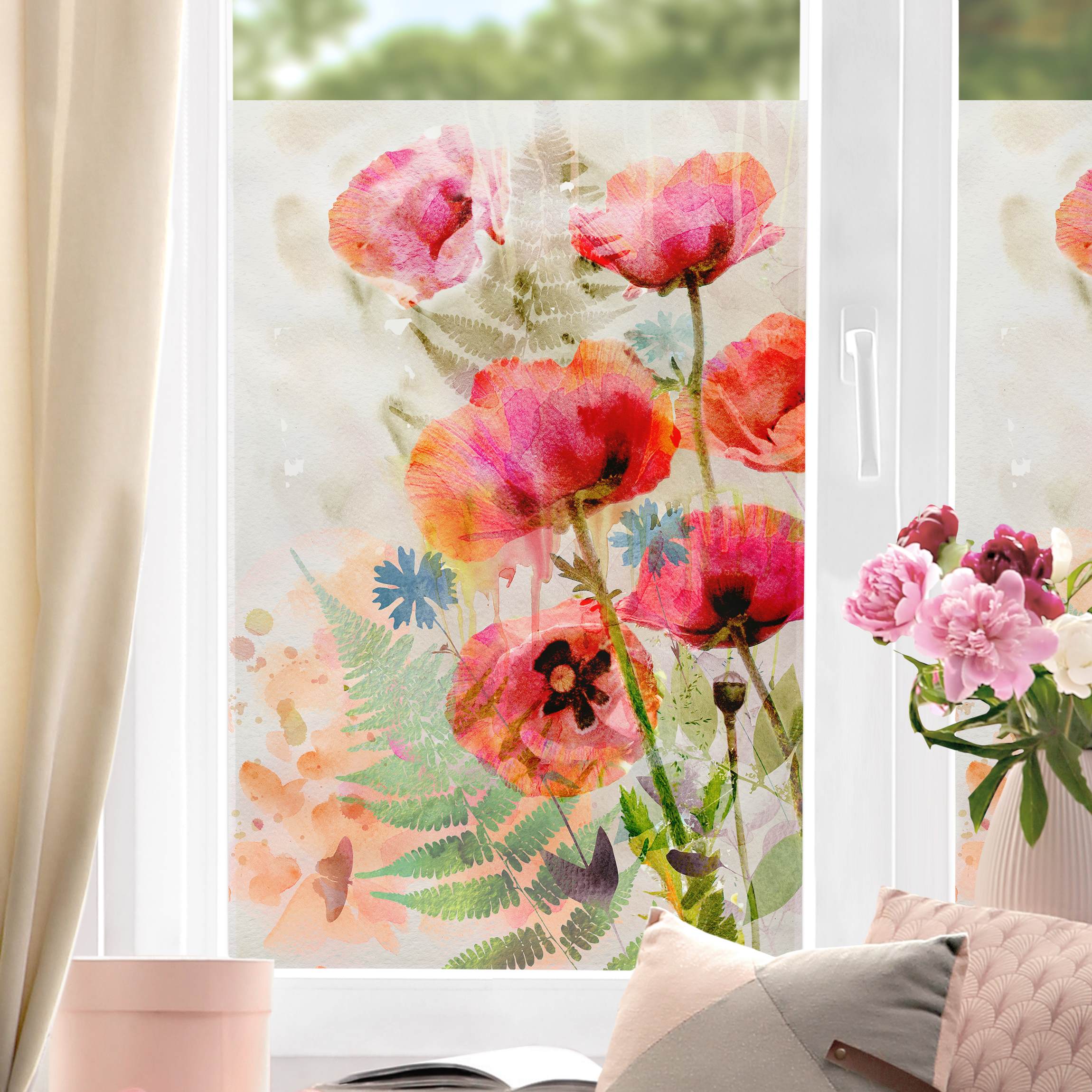 Fensterfolie Aquarell Blumen Mohn