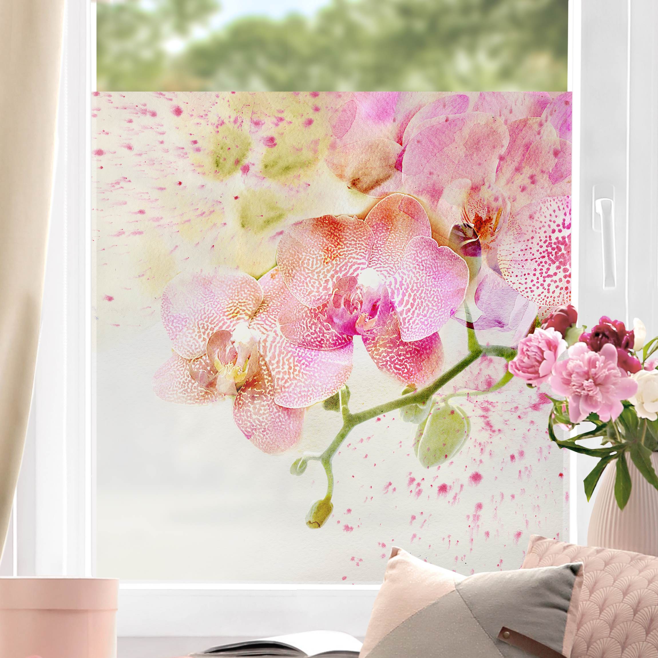 Fensterfolie Aquarell Blumen Orchideen