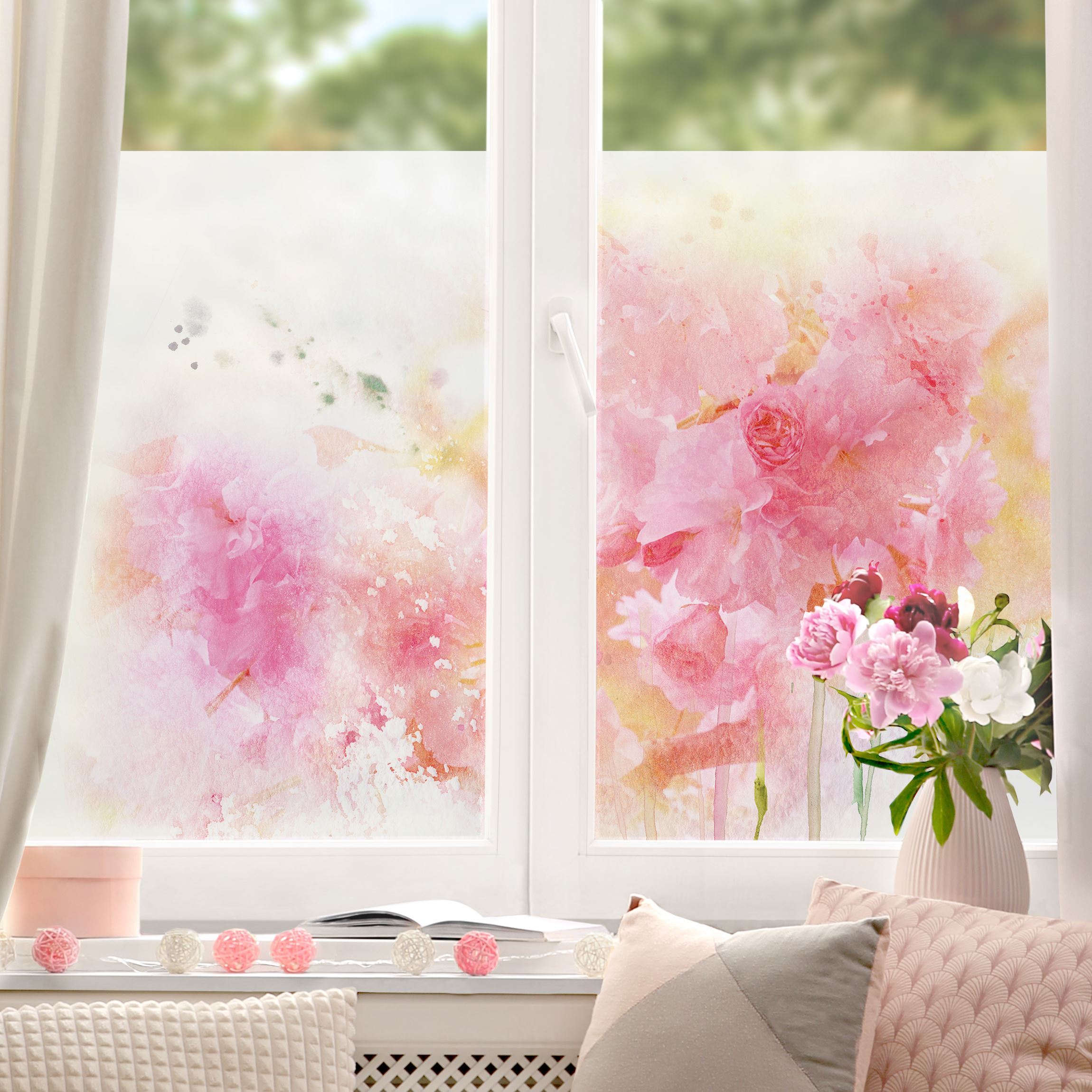 Fensterfolie Aquarell Blumen Pfingstrosen