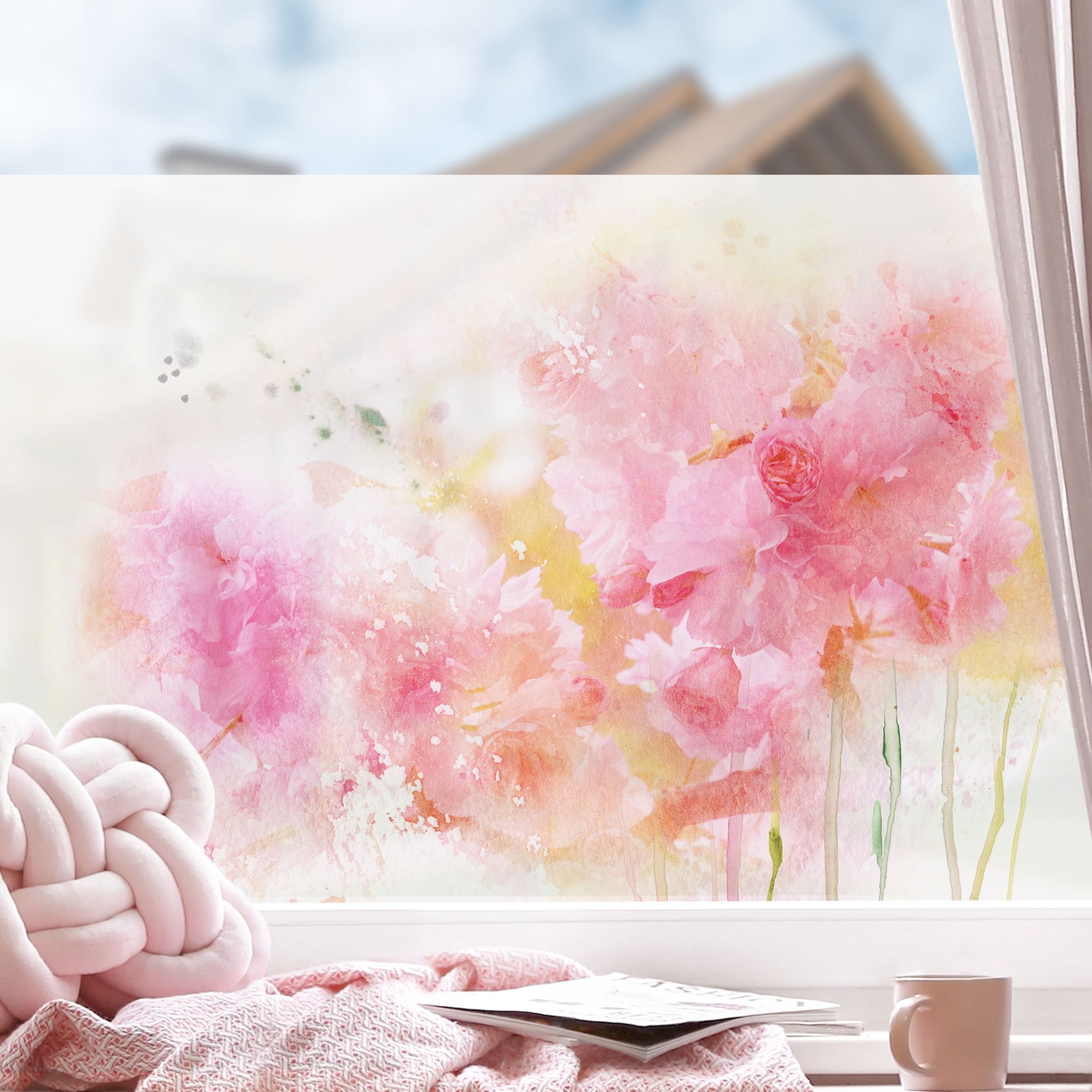 Fensterfolie Aquarell Blumen Pfingstrosen