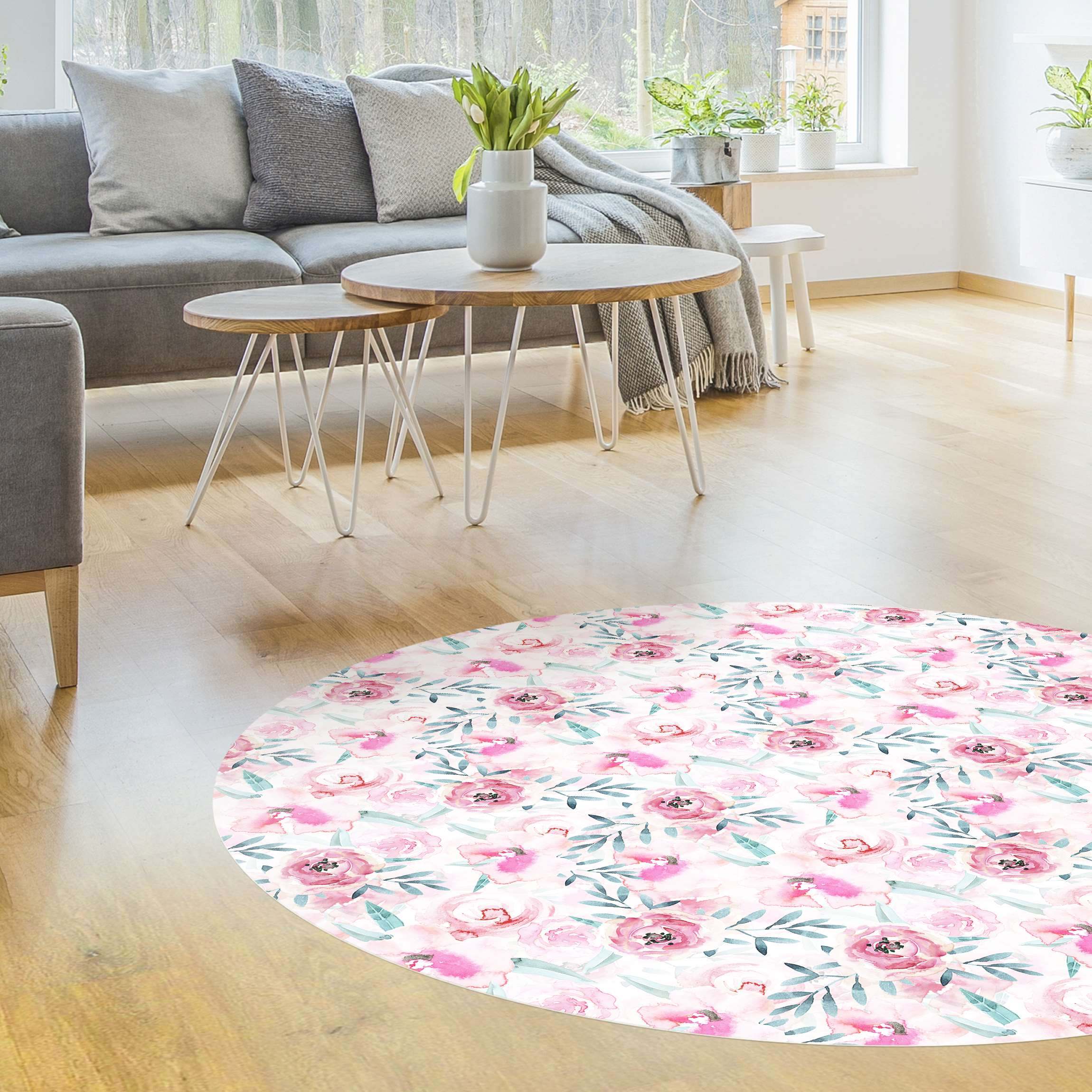 Runder Vinyl-Teppich Aquarell Blumen Pink mit Blauen Blättern