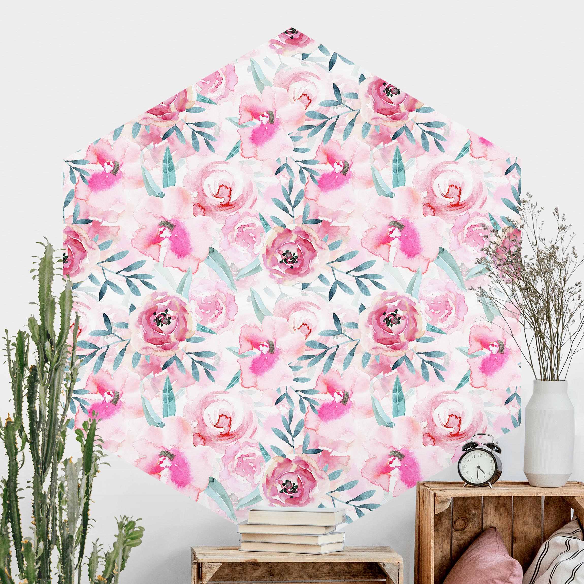 Hexagon Mustertapete Aquarell Blumen Pink mit Blauen Blättern