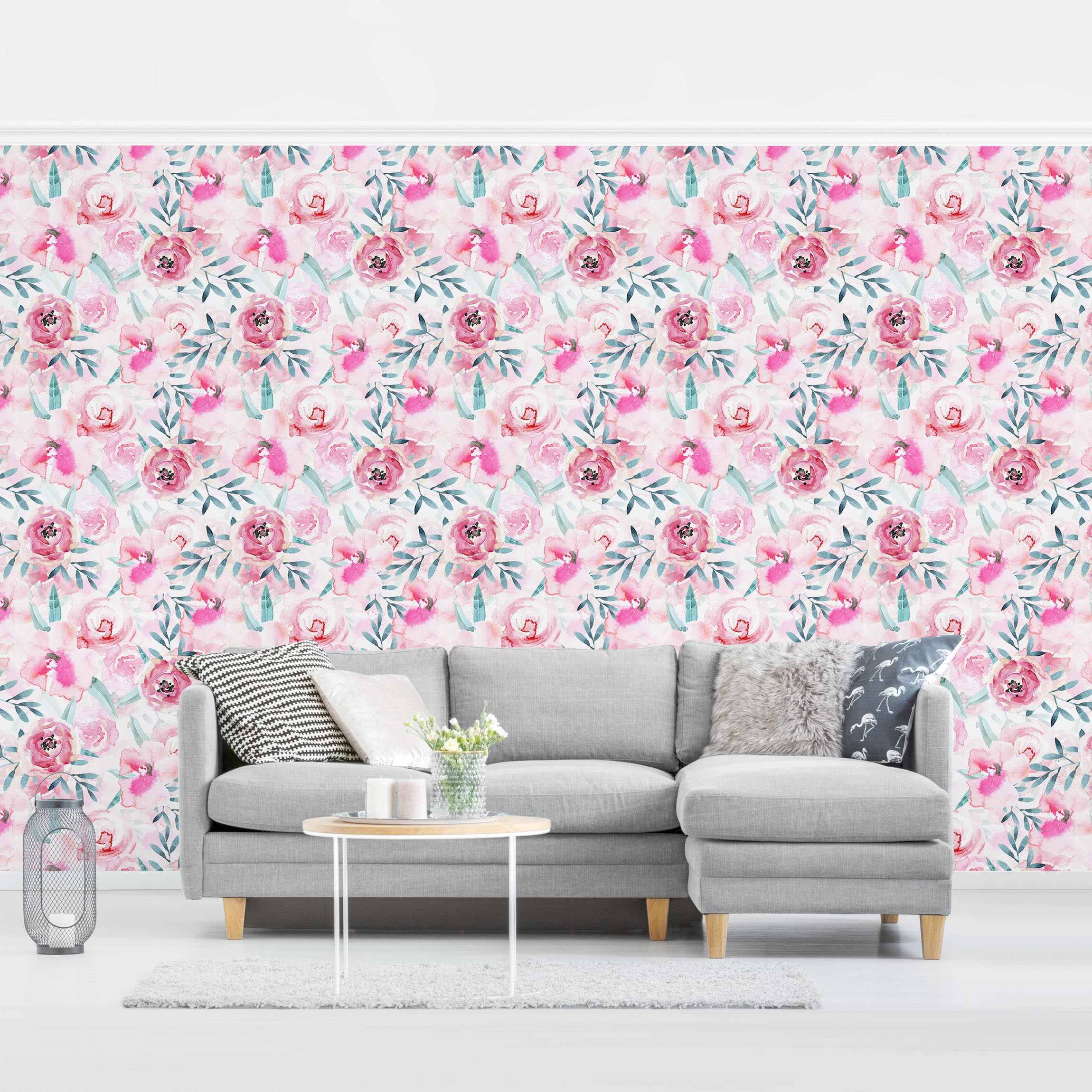 Mustertapete Aquarell Blumen Pink mit Blauen Blättern