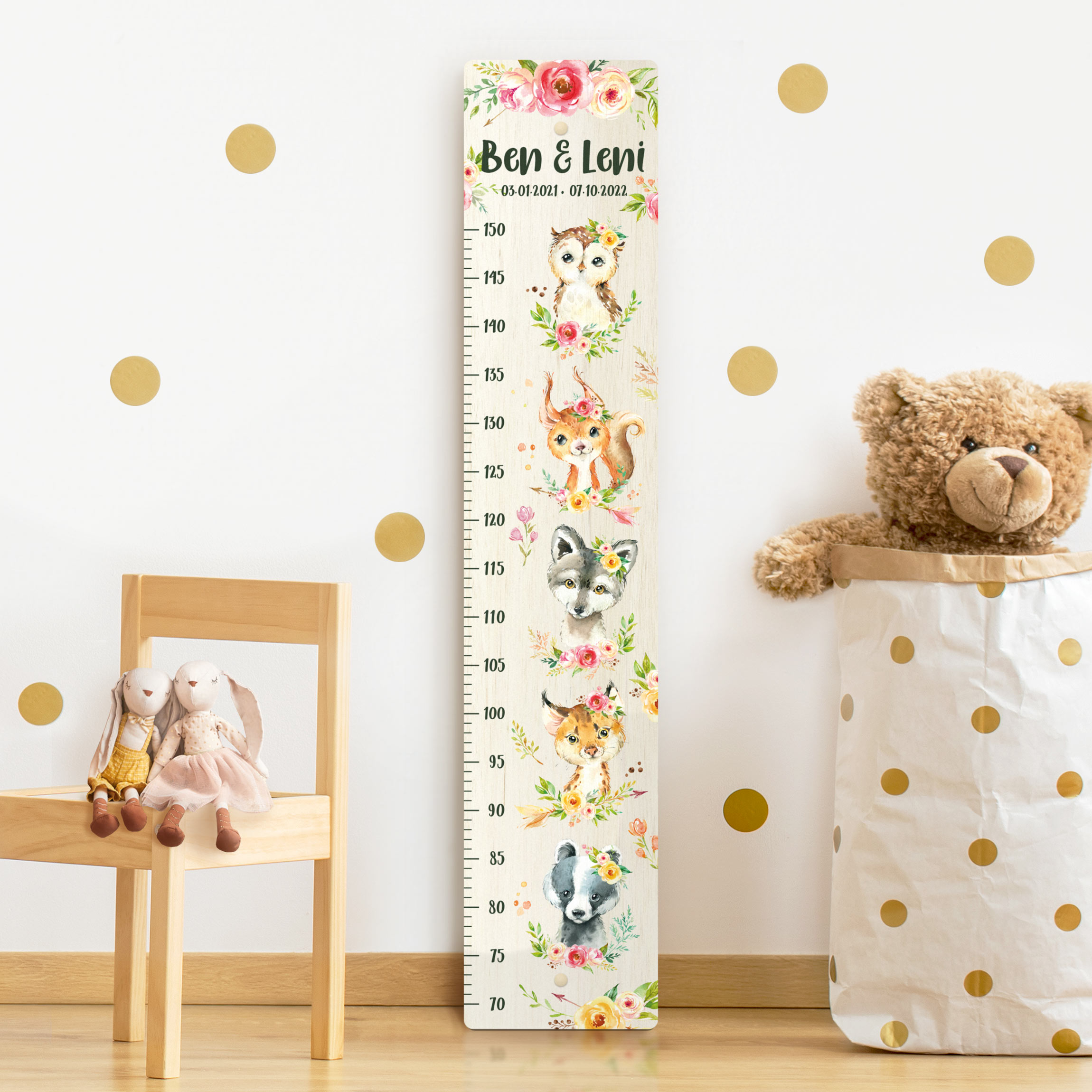 Kindermesslatte Holz Aquarell Blumen Waldtiere mit Wunschname