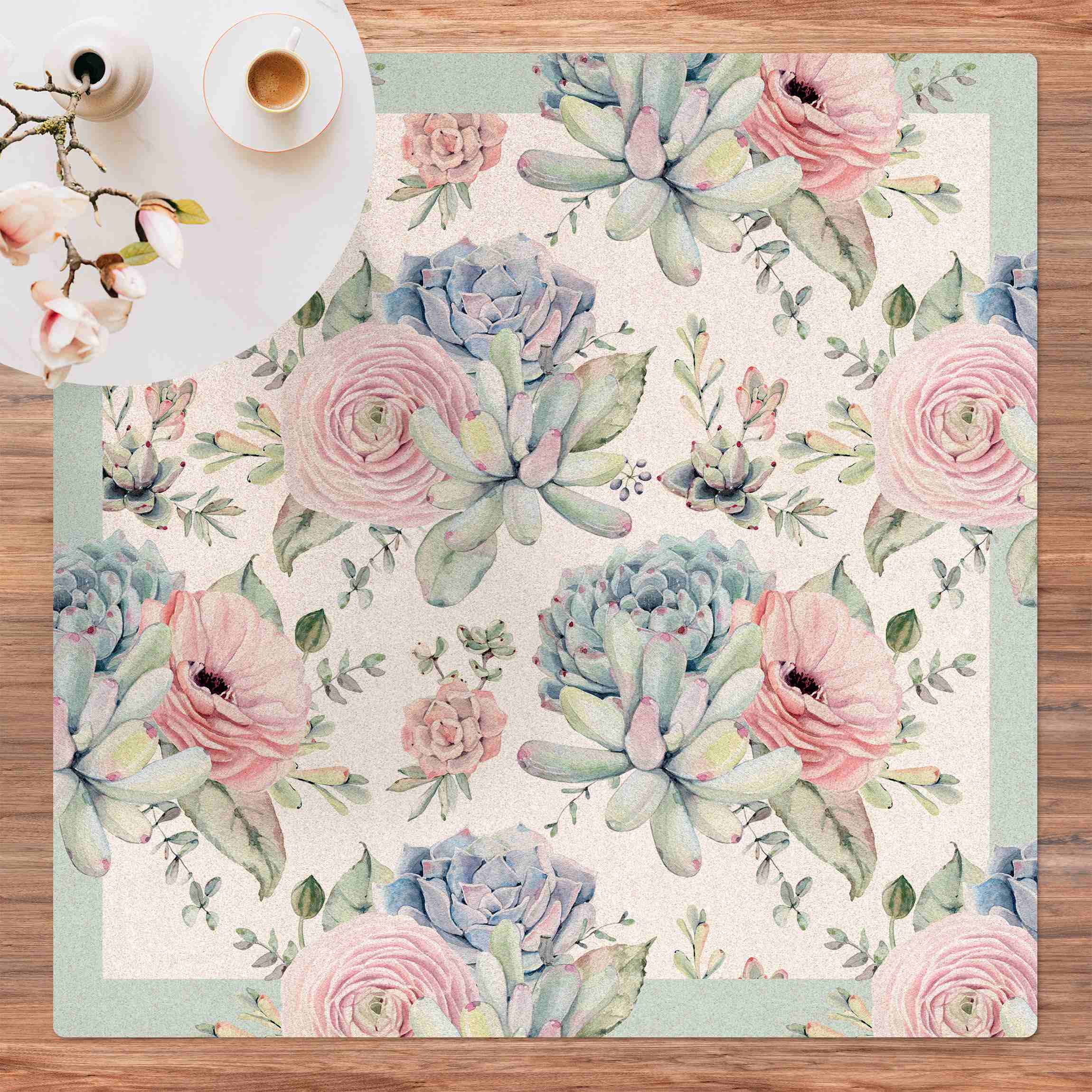 Kork-Teppich Aquarell Blumenbouquet mit Sukkulenten und Rahmen