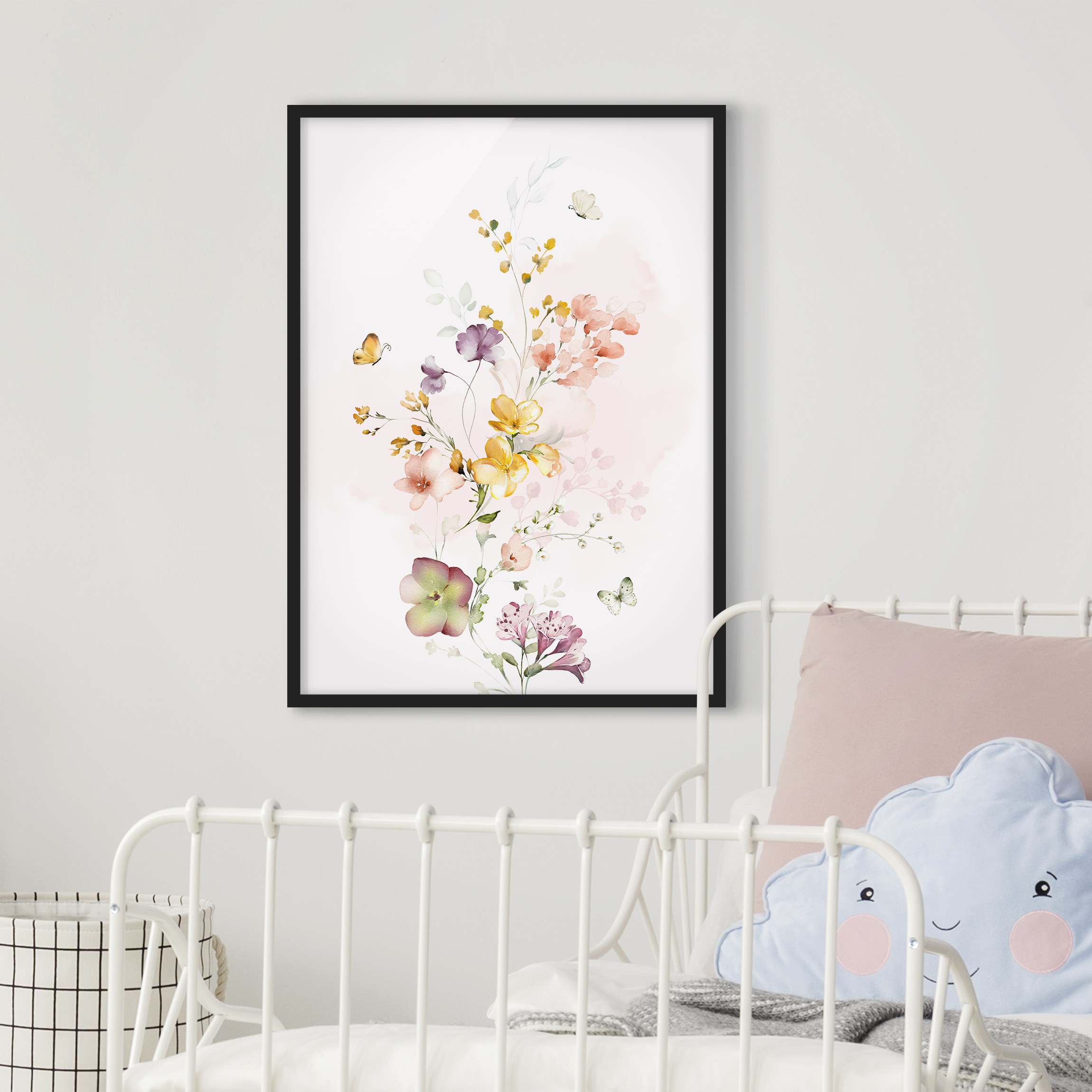 Bild mit Rahmen Aquarell Blumenranke mit Schmetterlingen