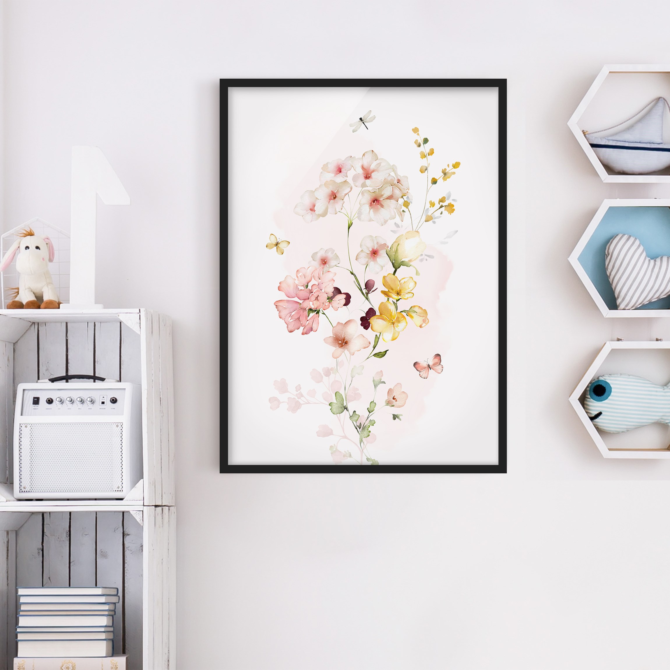 Bild mit Rahmen Aquarell Blumenranke mit Schmetterlingen und Libelle
