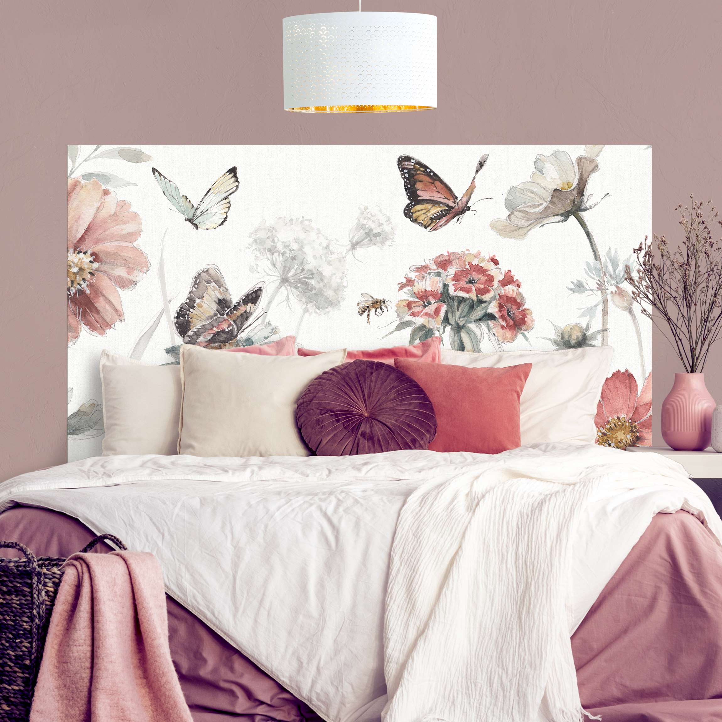 Kopfteil Bett Aquarell Blumenwiese mit Schmetterlingen