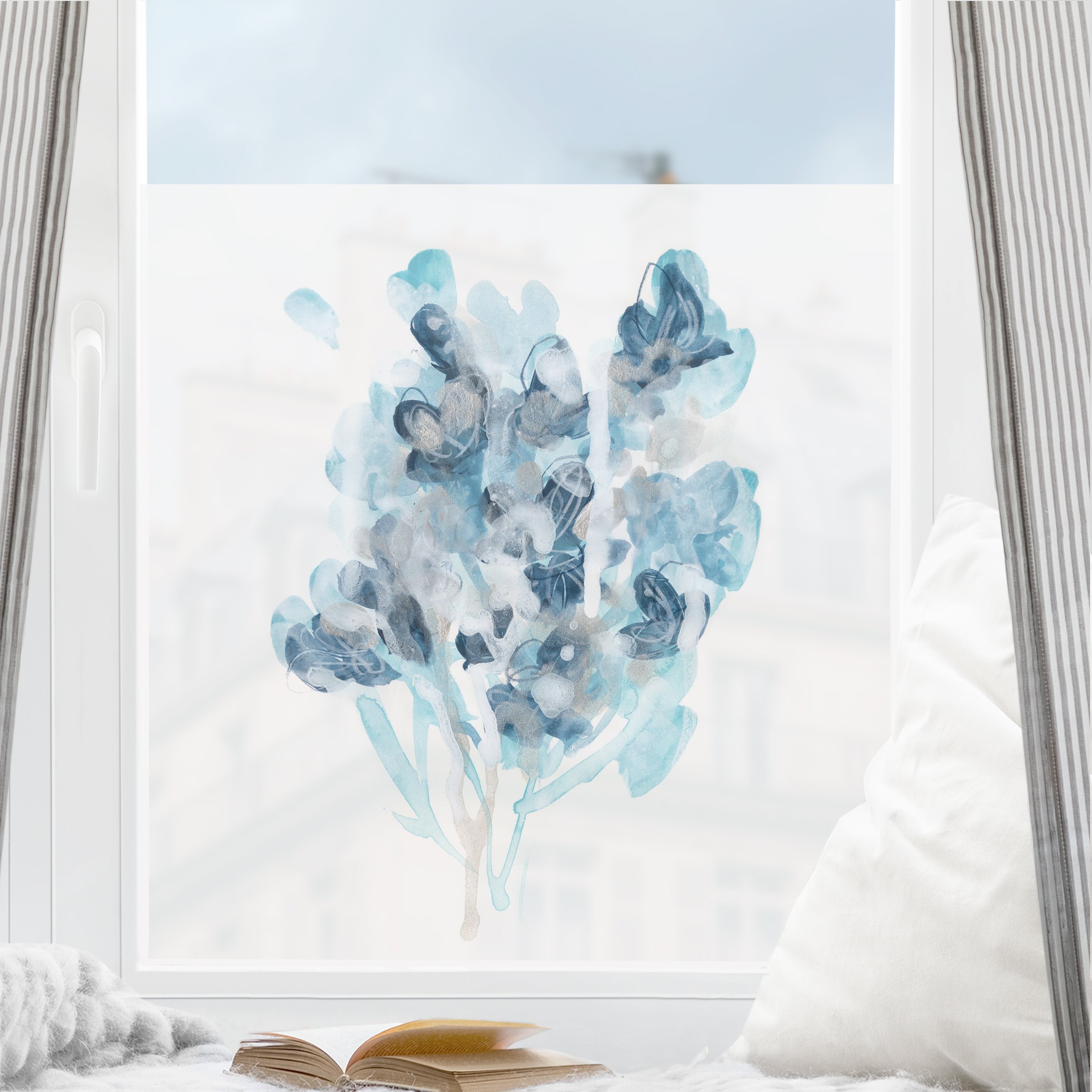 Fensterfolie Aquarell Bouquet in blauen Schattierungen