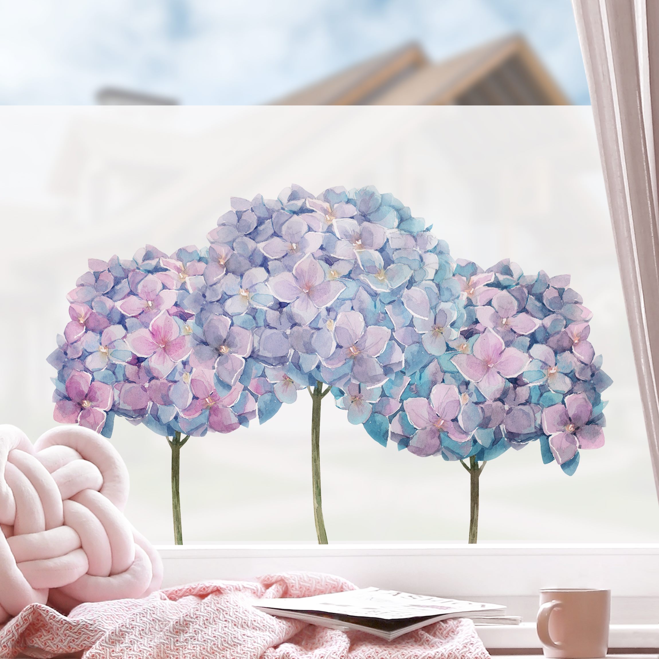 Fensterfolie Aquarell Drei blaue Hortensien