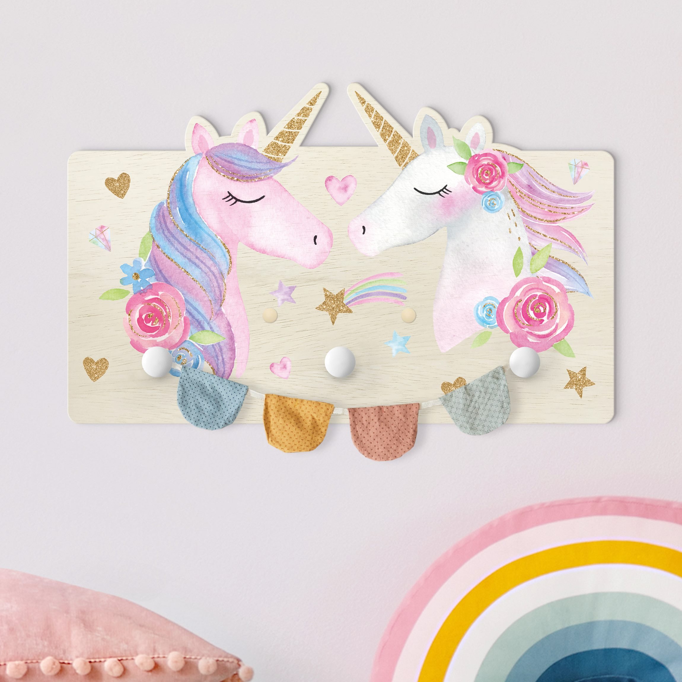 Kindergarderobe Holz Aquarell Einhorn Gold Glitzer