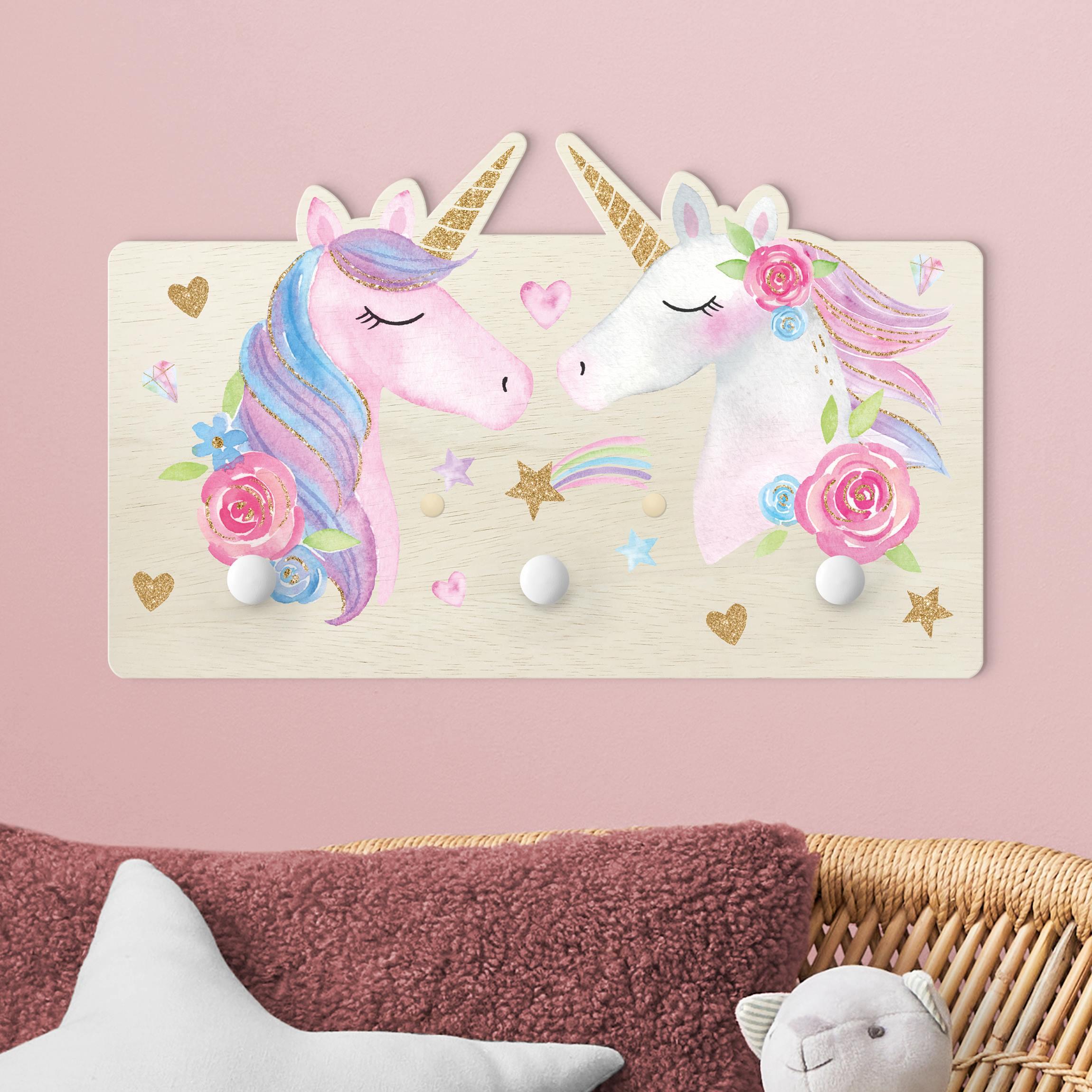 Kindergarderobe Holz Aquarell Einhorn Gold Glitzer