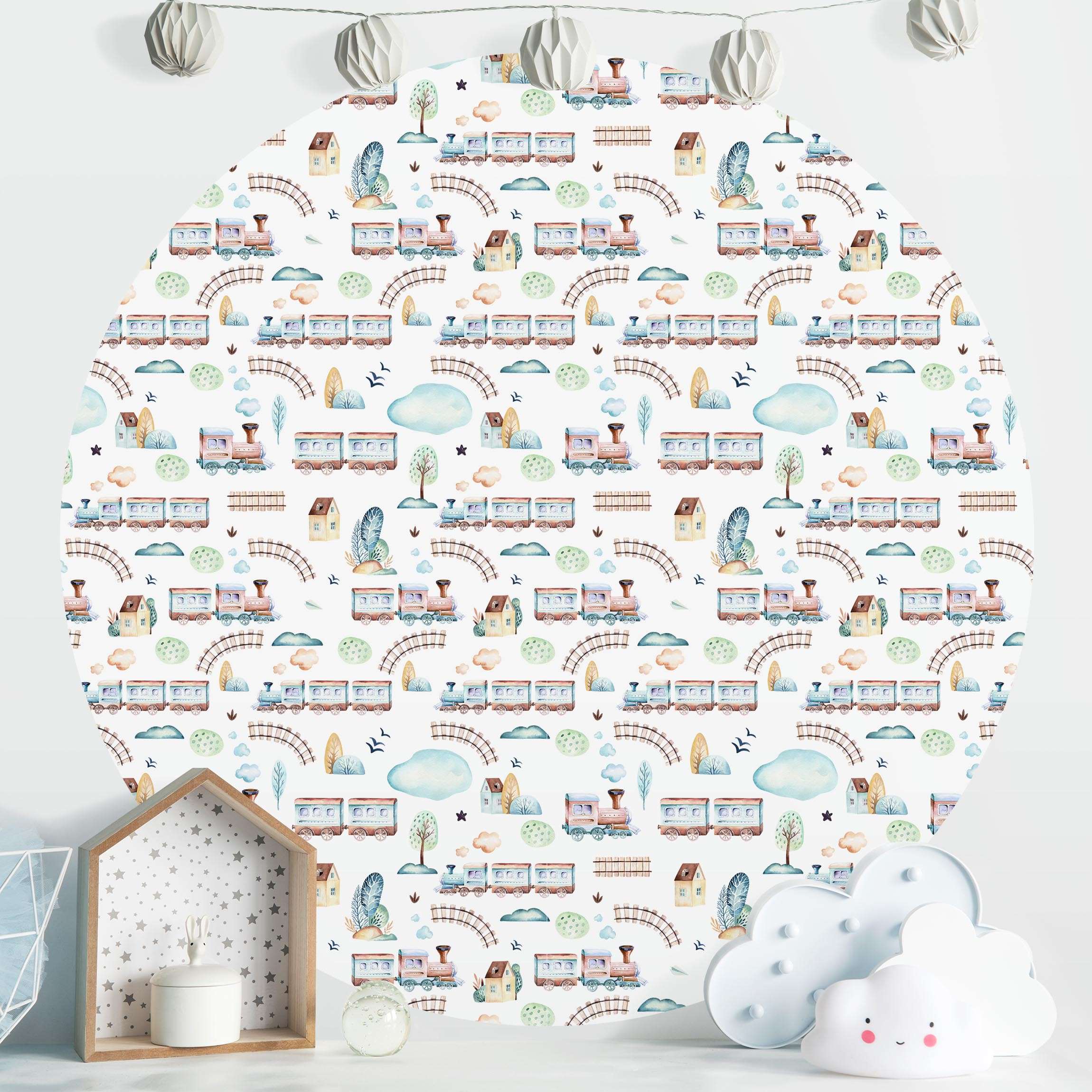 Runde Tapete selbstklebend Aquarell Eisenbahn Muster