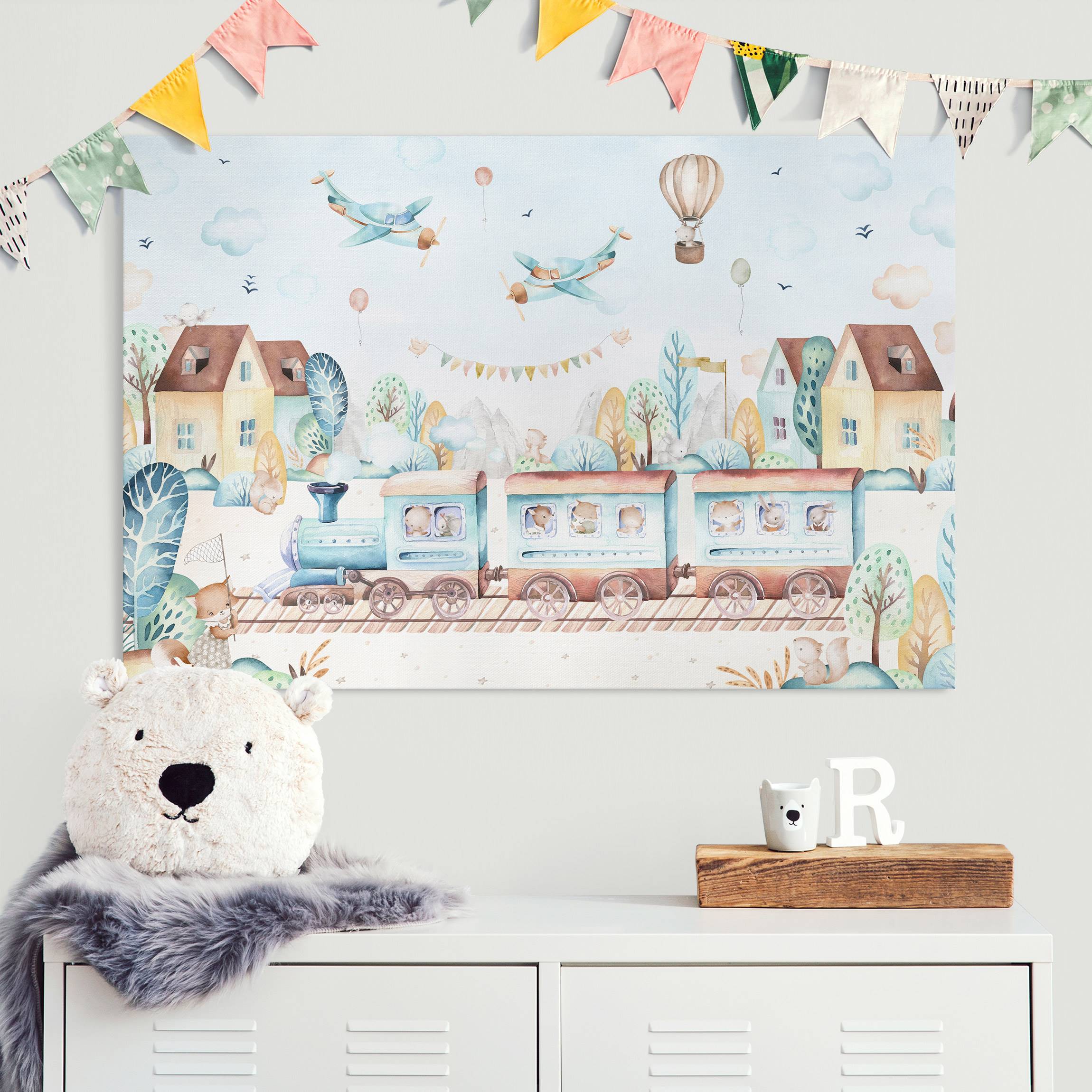 Leinwandbild Aquarell Eisenbahn Party