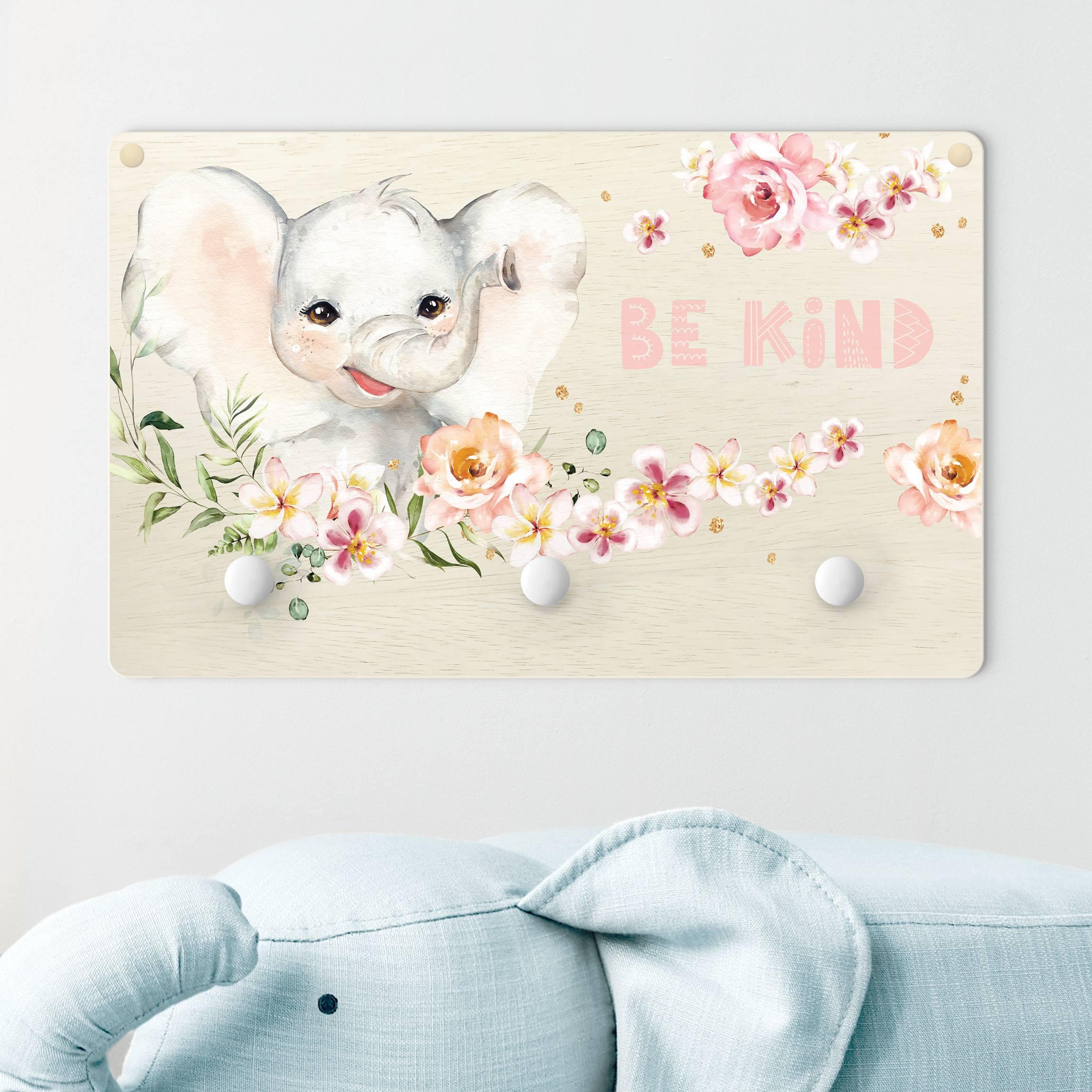 Kindergarderobe Holz Aquarell Elefant - Be kind