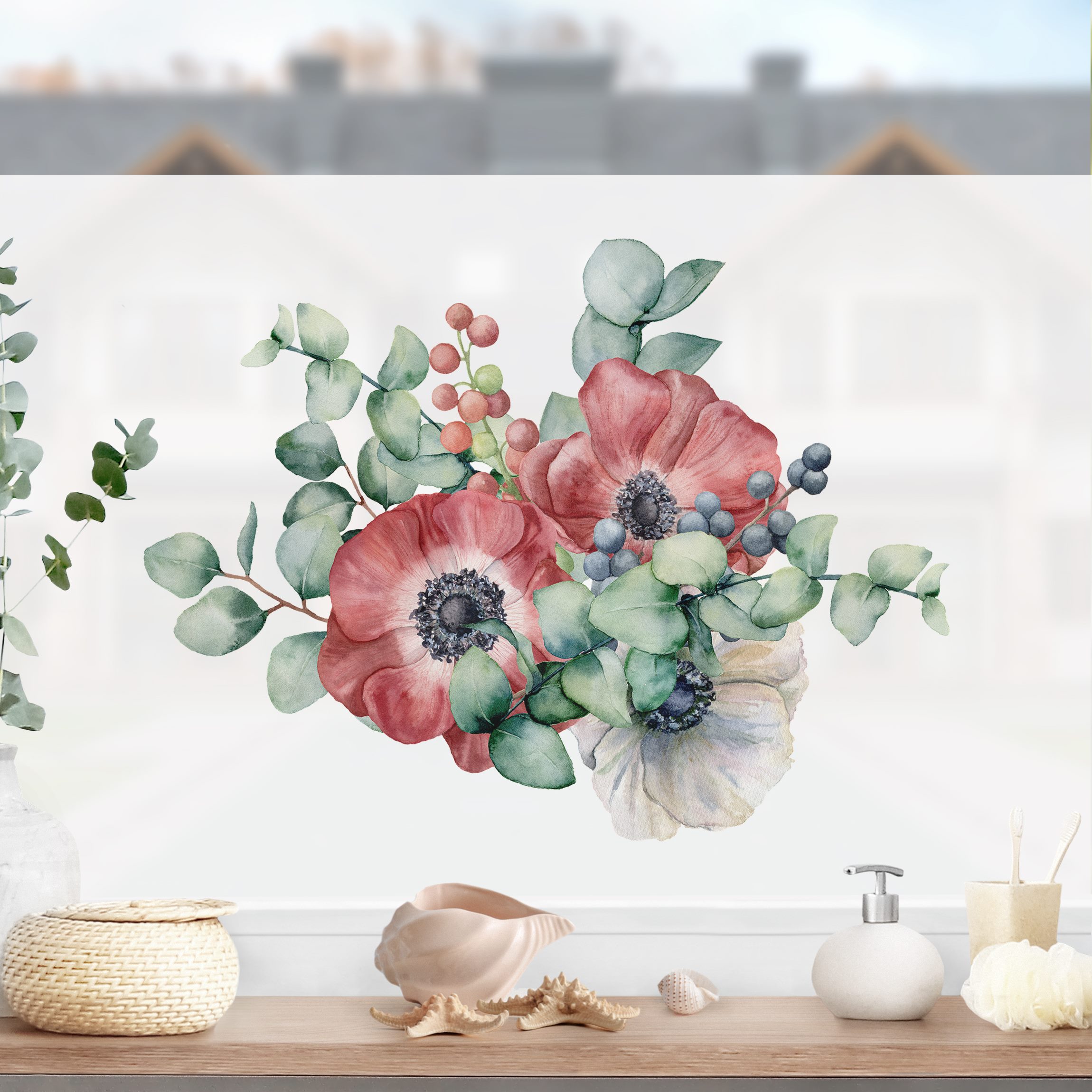 Fensterfolie Aquarell Eukalyptus Anemonen Bouquet