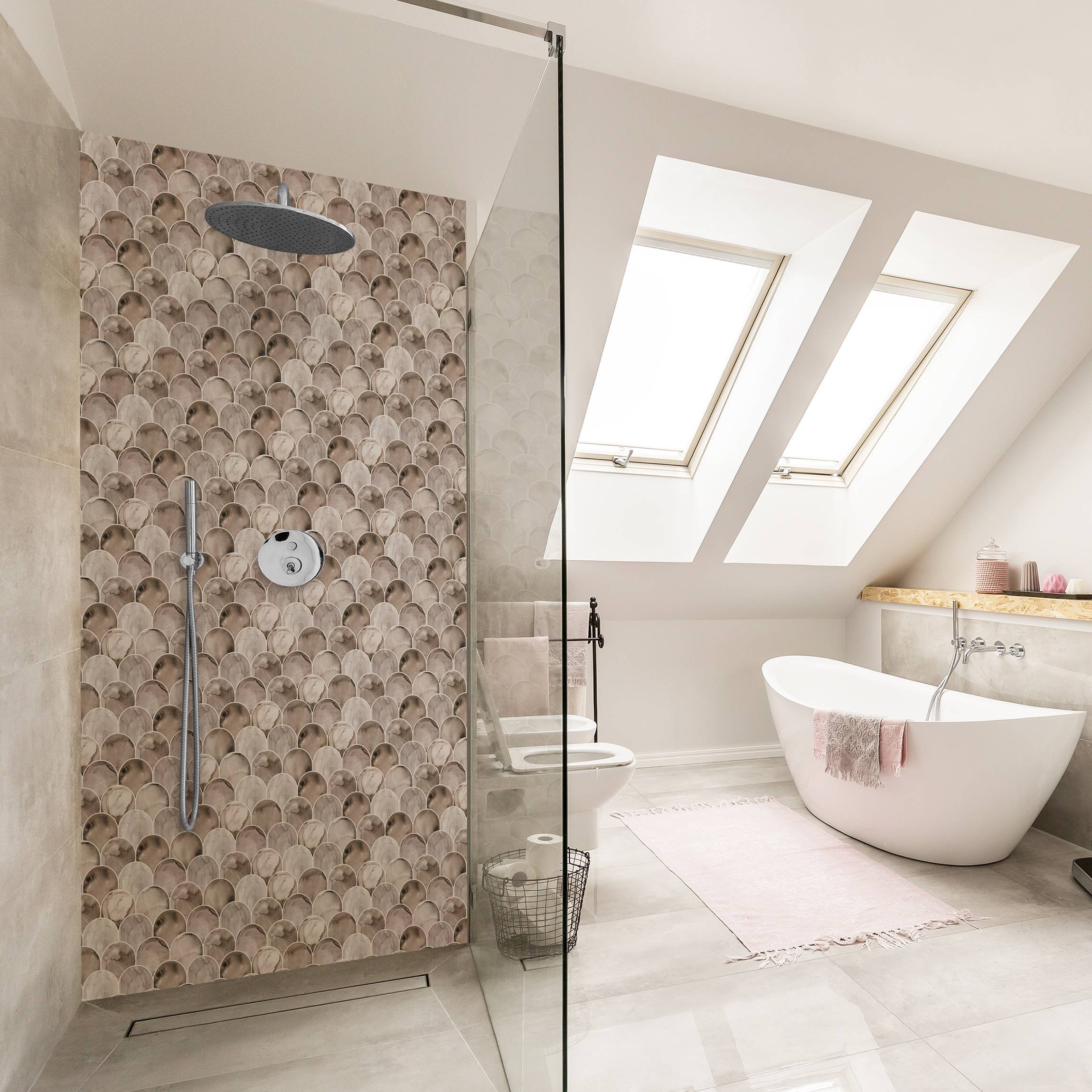Duschrückwand Aquarell Fischschuppen Fliesen Beige
