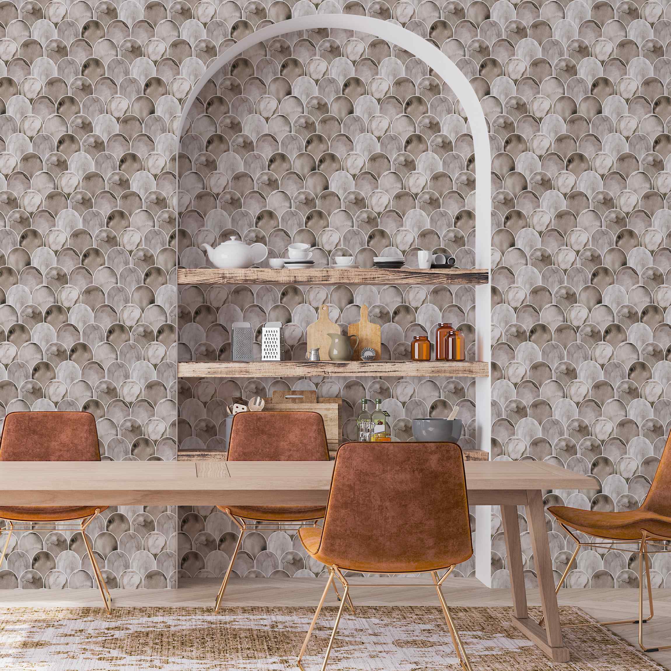 Fototapete Aquarell Fischschuppen Fliesen Beige
