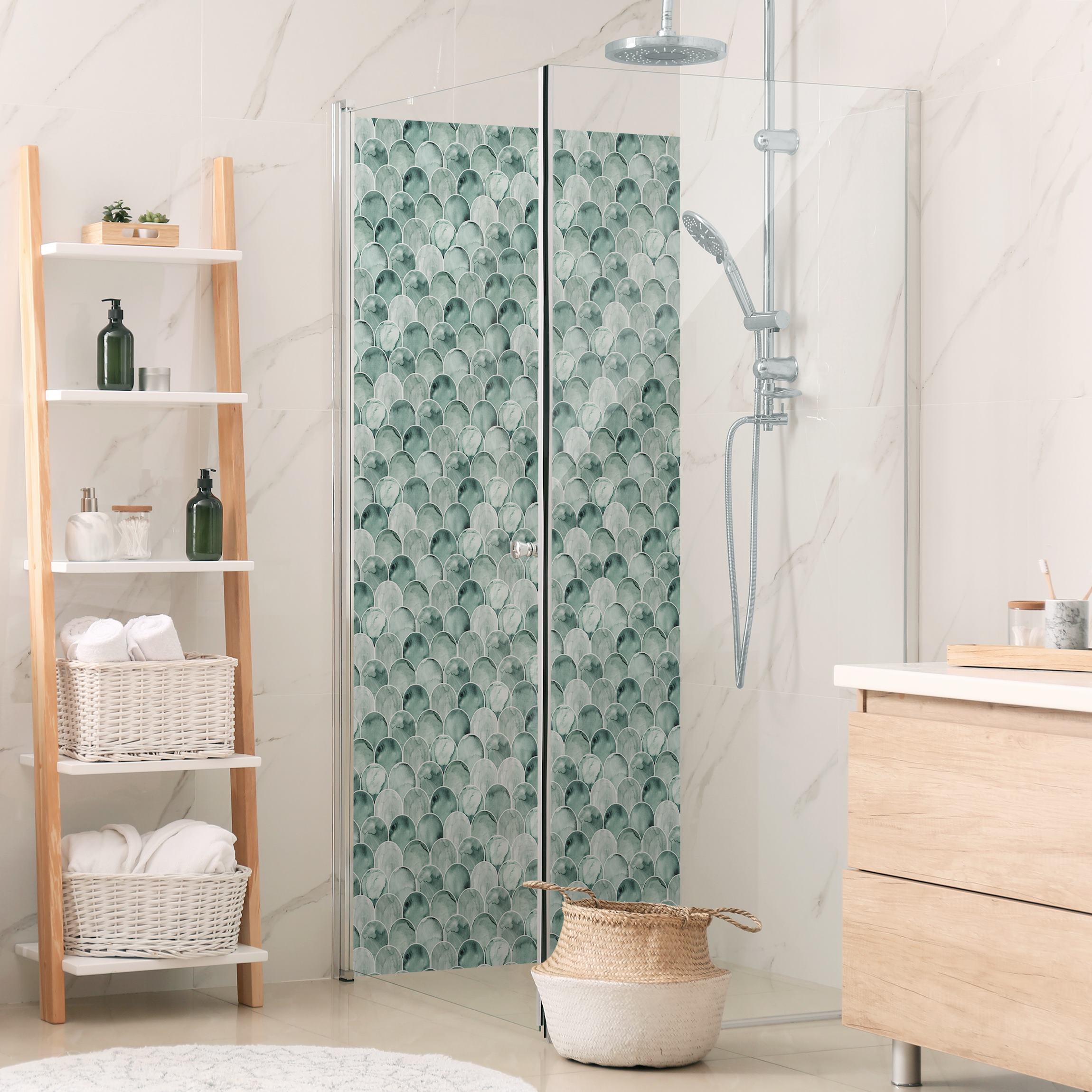 Duschrückwand Aquarell Fischschuppen Fliesen Türkis