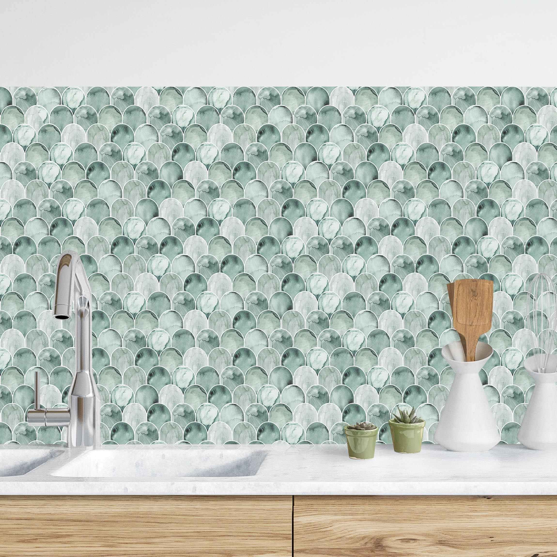 Küchenrückwand Aquarell Fischschuppen Fliesen Türkis