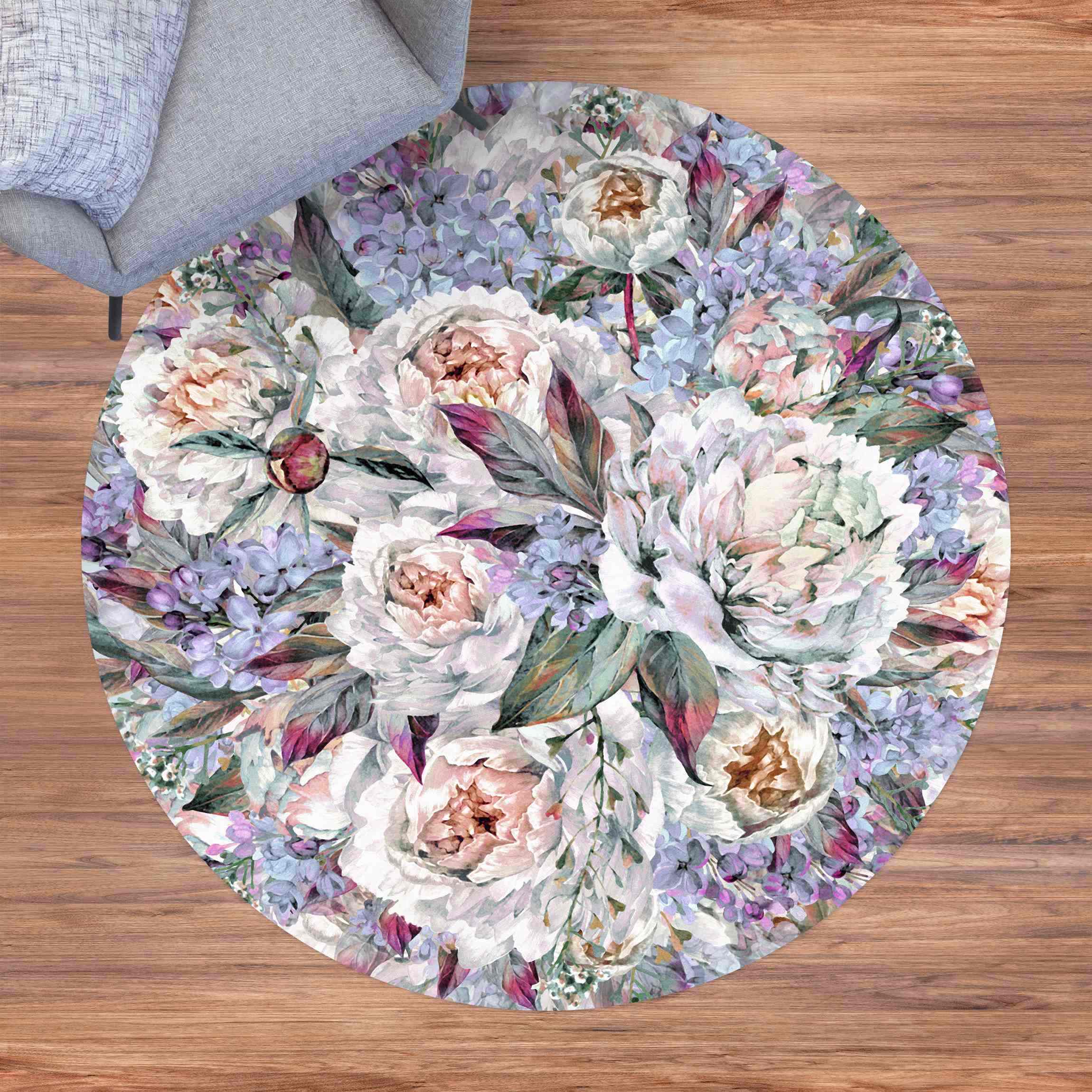 Runder Vinyl-Teppich Aquarell Flieder Pfingstrosen Bouquet