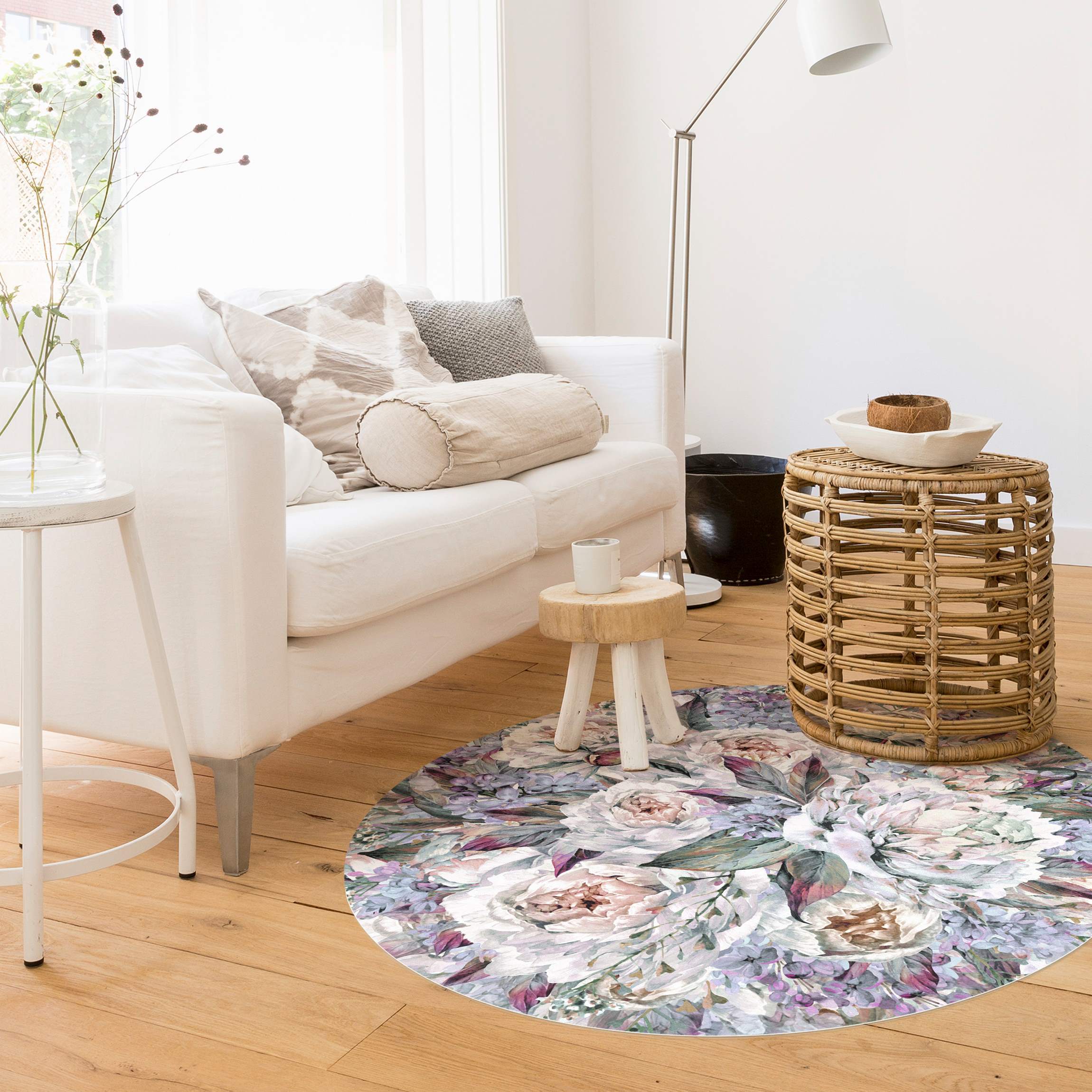 Runder Vinyl-Teppich Aquarell Flieder Pfingstrosen Bouquet