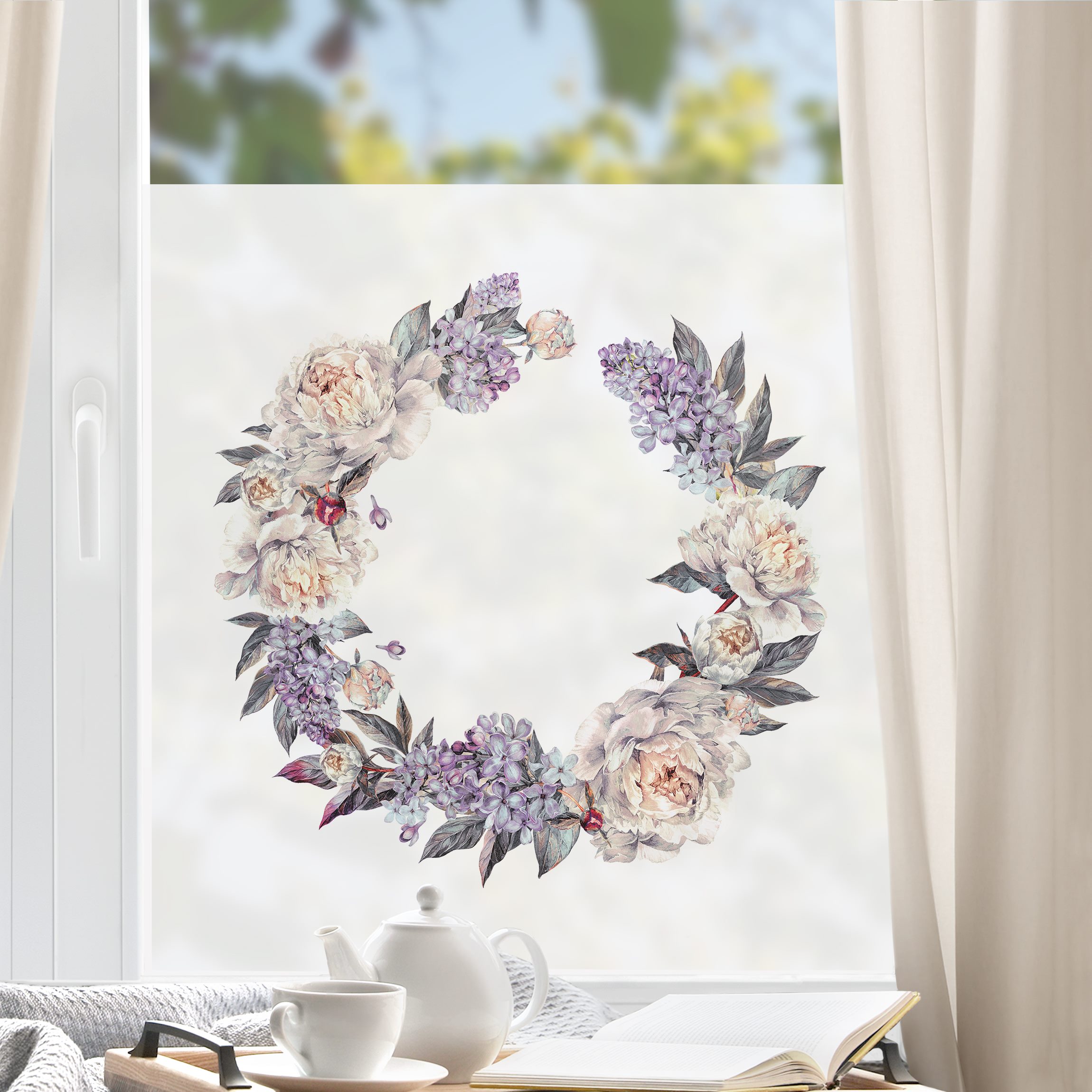 Fensterfolie Aquarell Flieder Pfingstrosen Kranz XXL