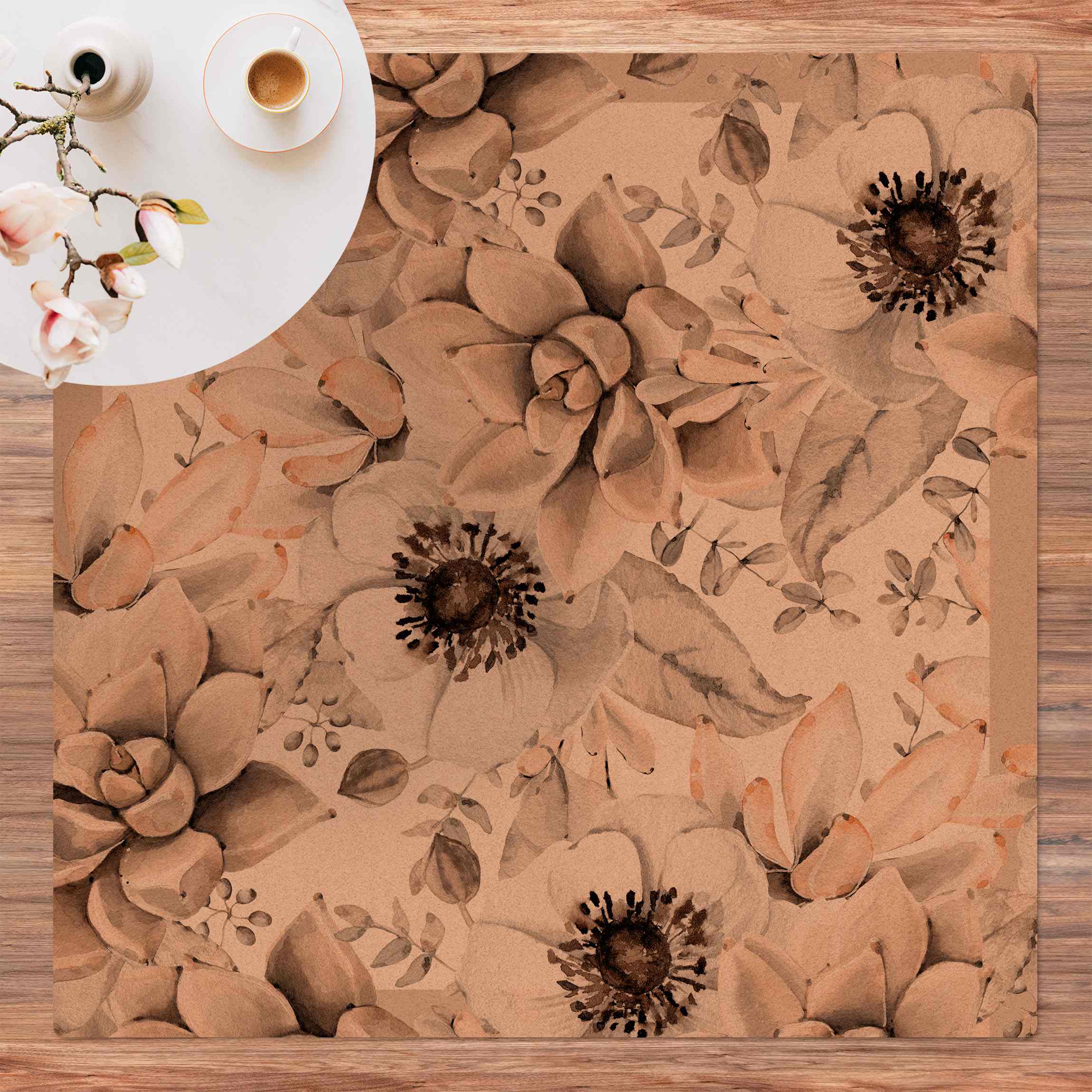 Kork-Teppich Aquarell Gesteck mit Sukkulenten und Knospen