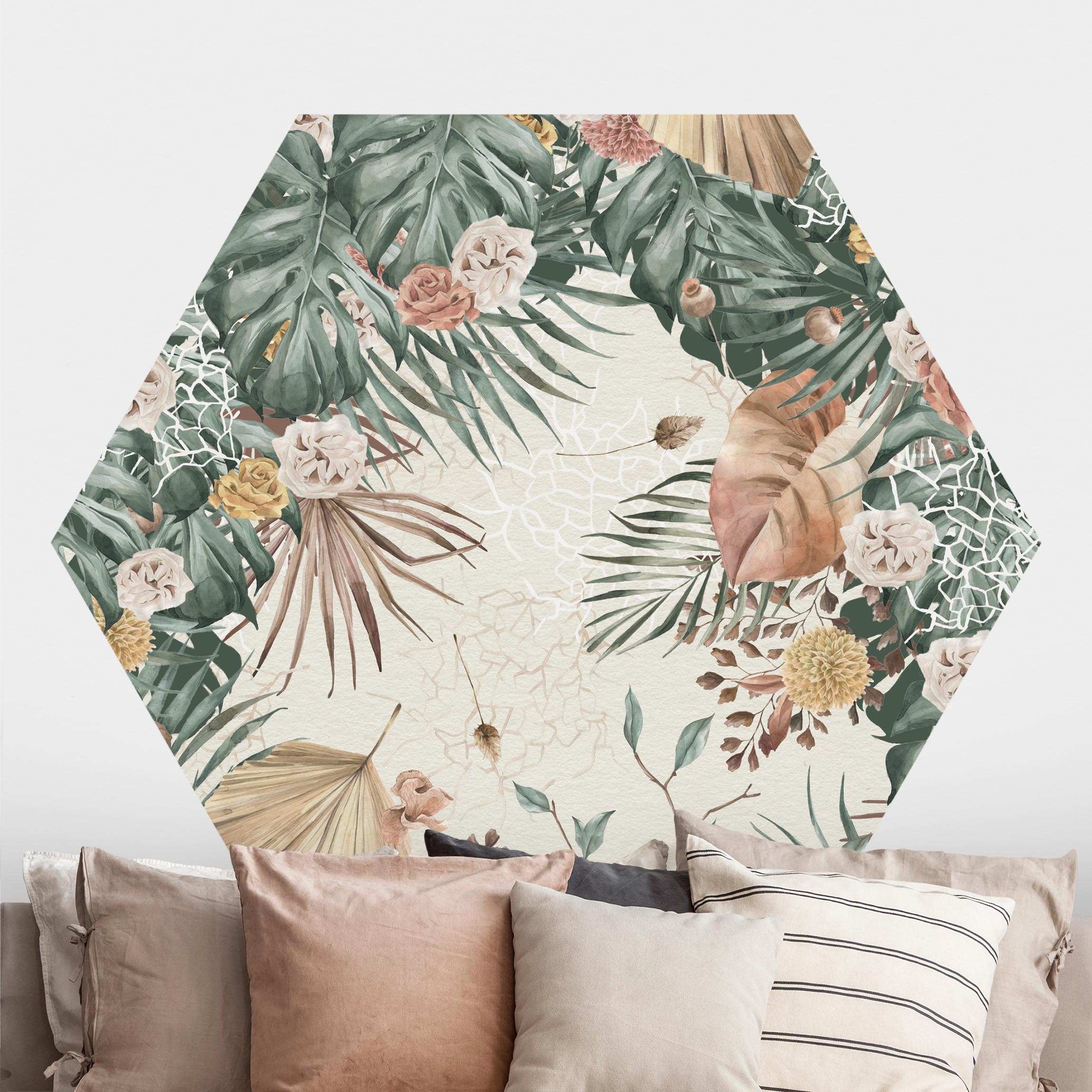 Hexagon Fototapete Aquarell getrocknete Blumen mit Farne