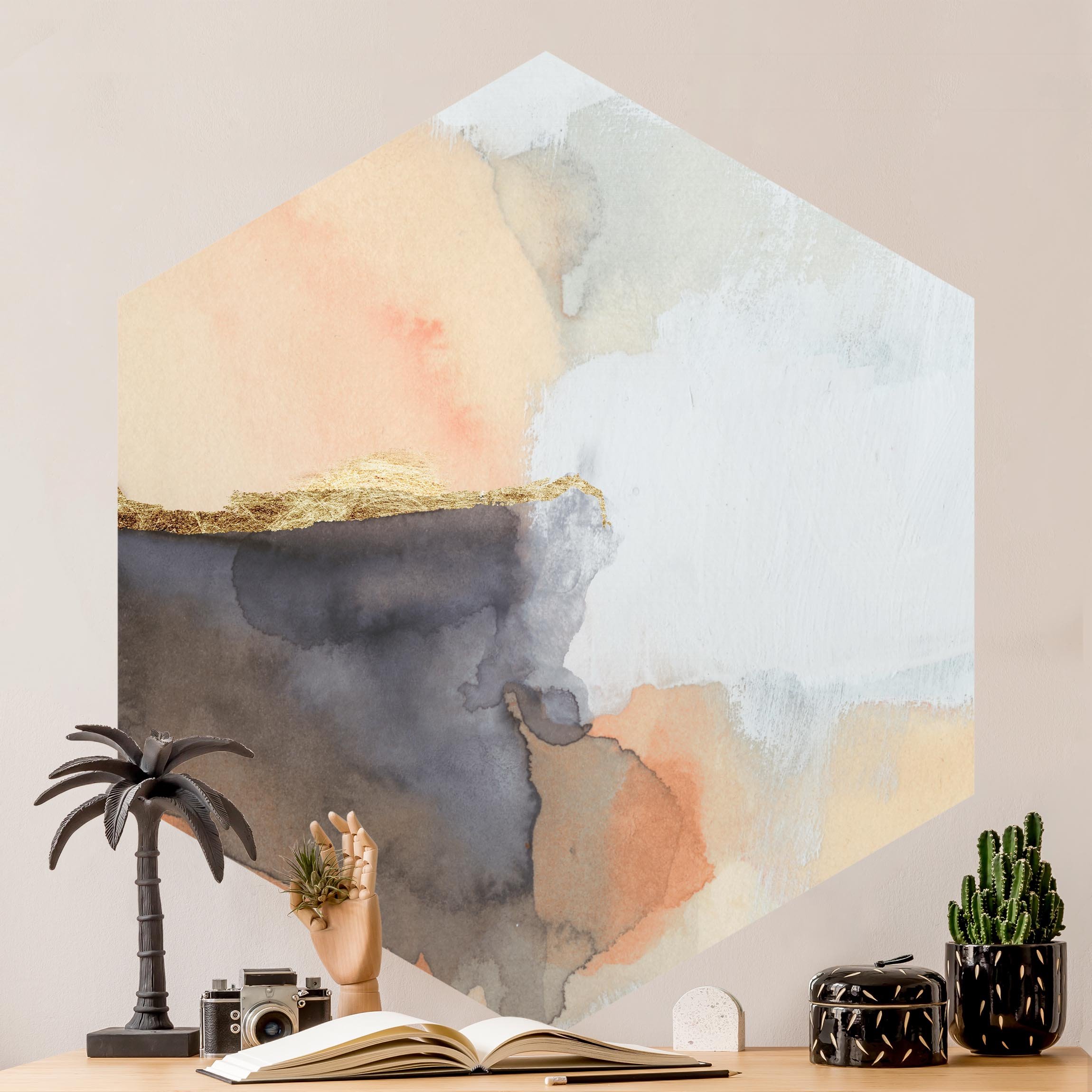 Hexagon Tapete selbstklebend Aquarell Goldene Spitze I
