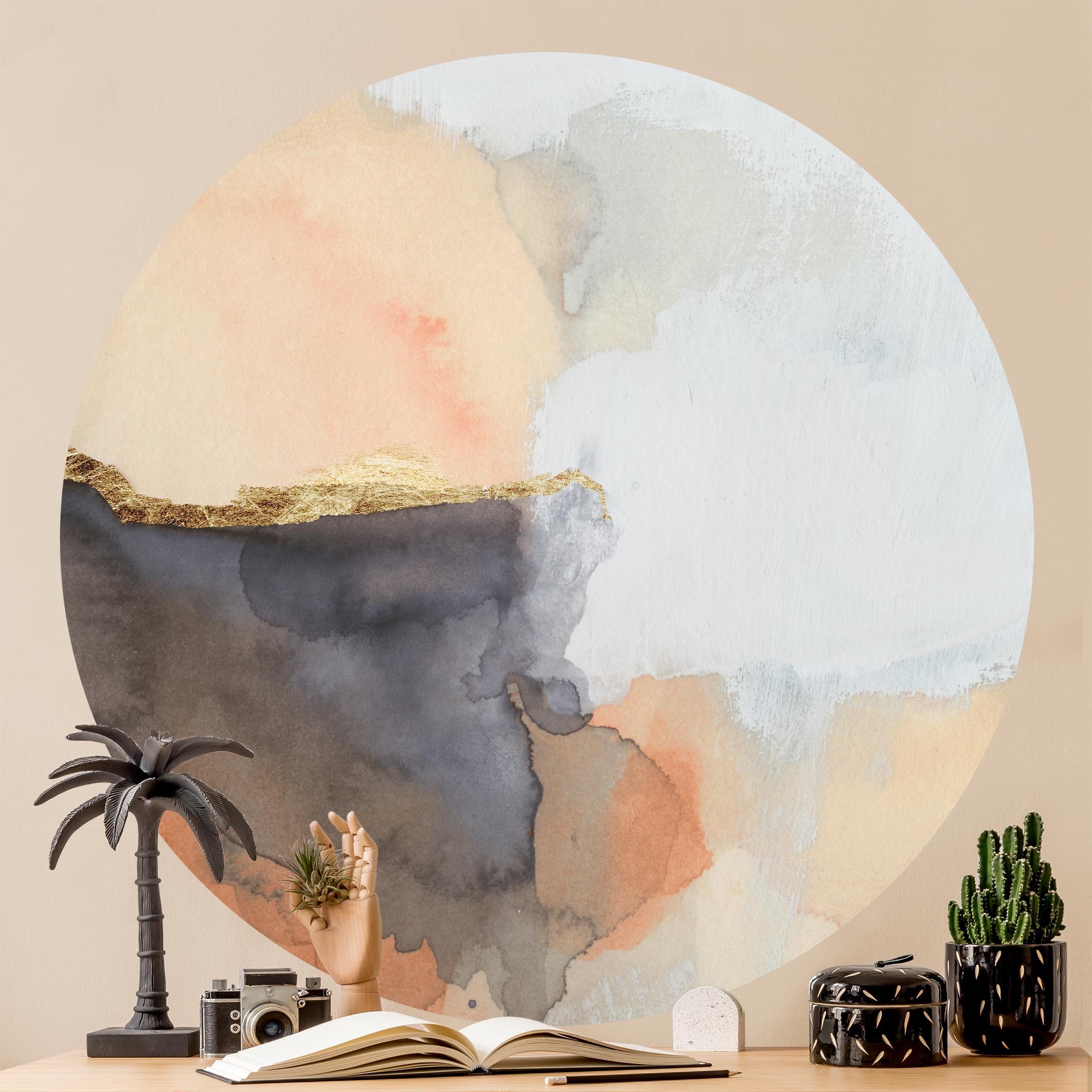 Runde Tapete selbstklebend Aquarell Goldene Spitze I