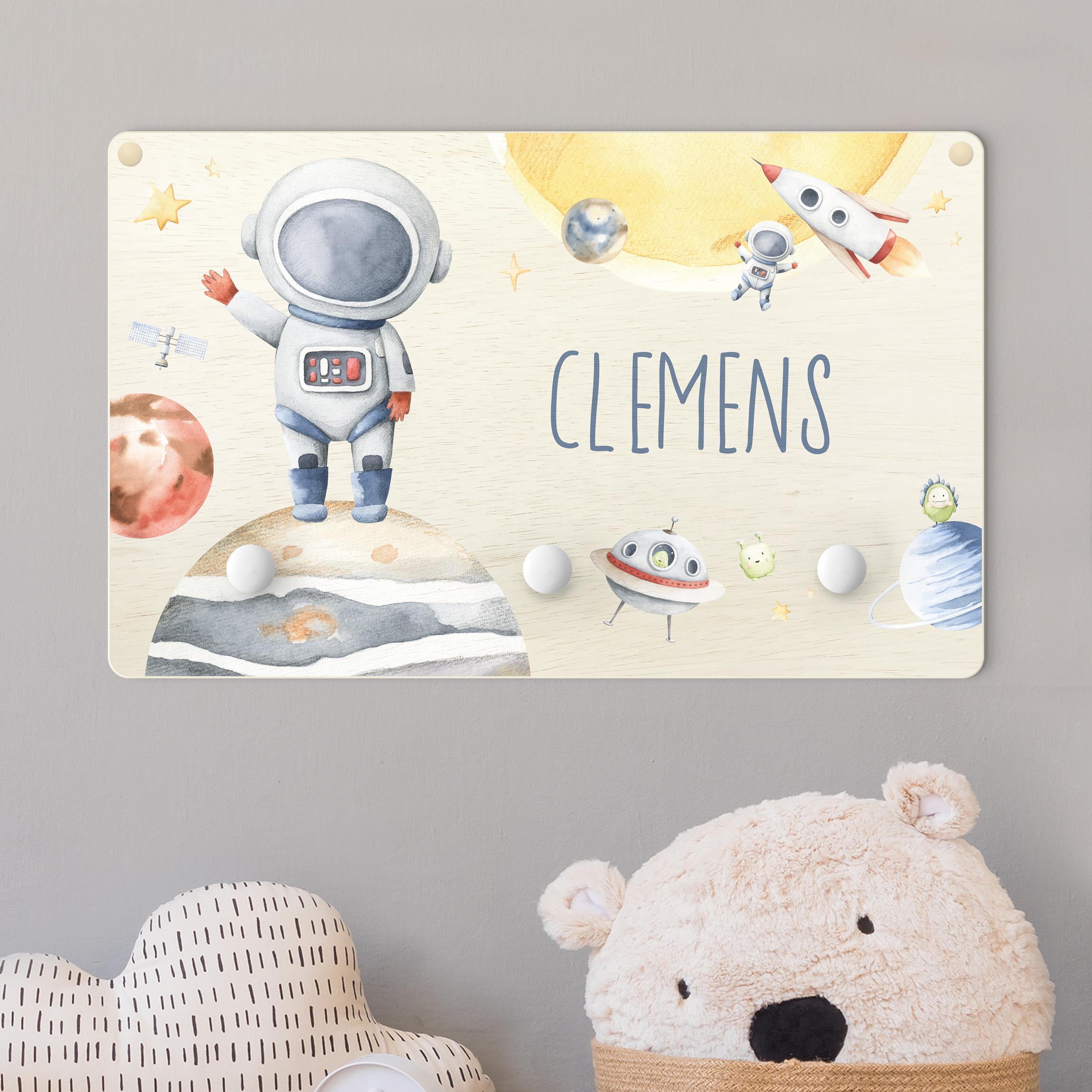 Kindergarderobe Holz mit Namen Aquarell Grüße vom Jupiter mit Wunschname