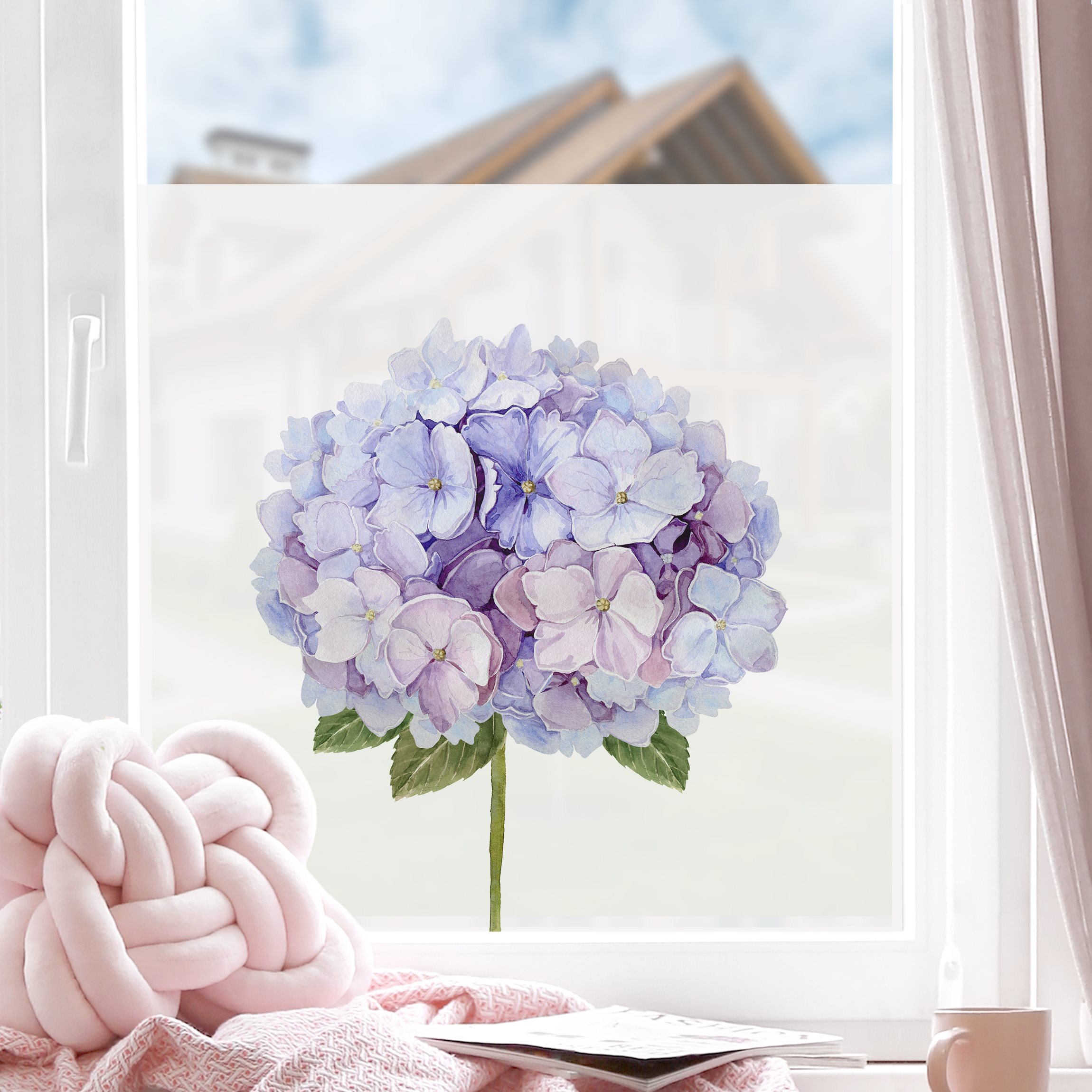 Fensterfolie Aquarell Hortensie Blaue Blüte XXL