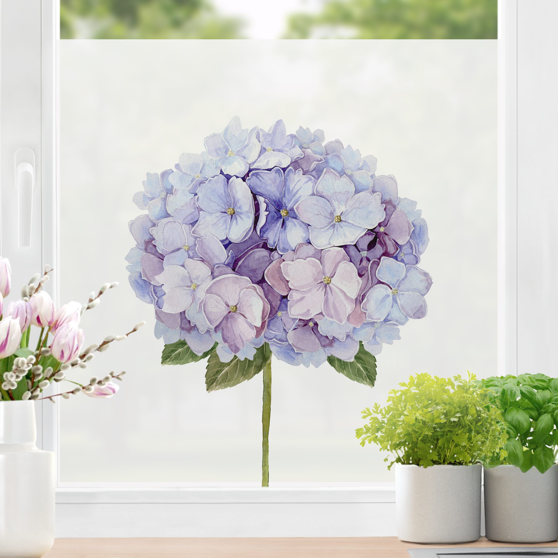 Fensterfolie Aquarell Hortensie Blaue Blüte XXL