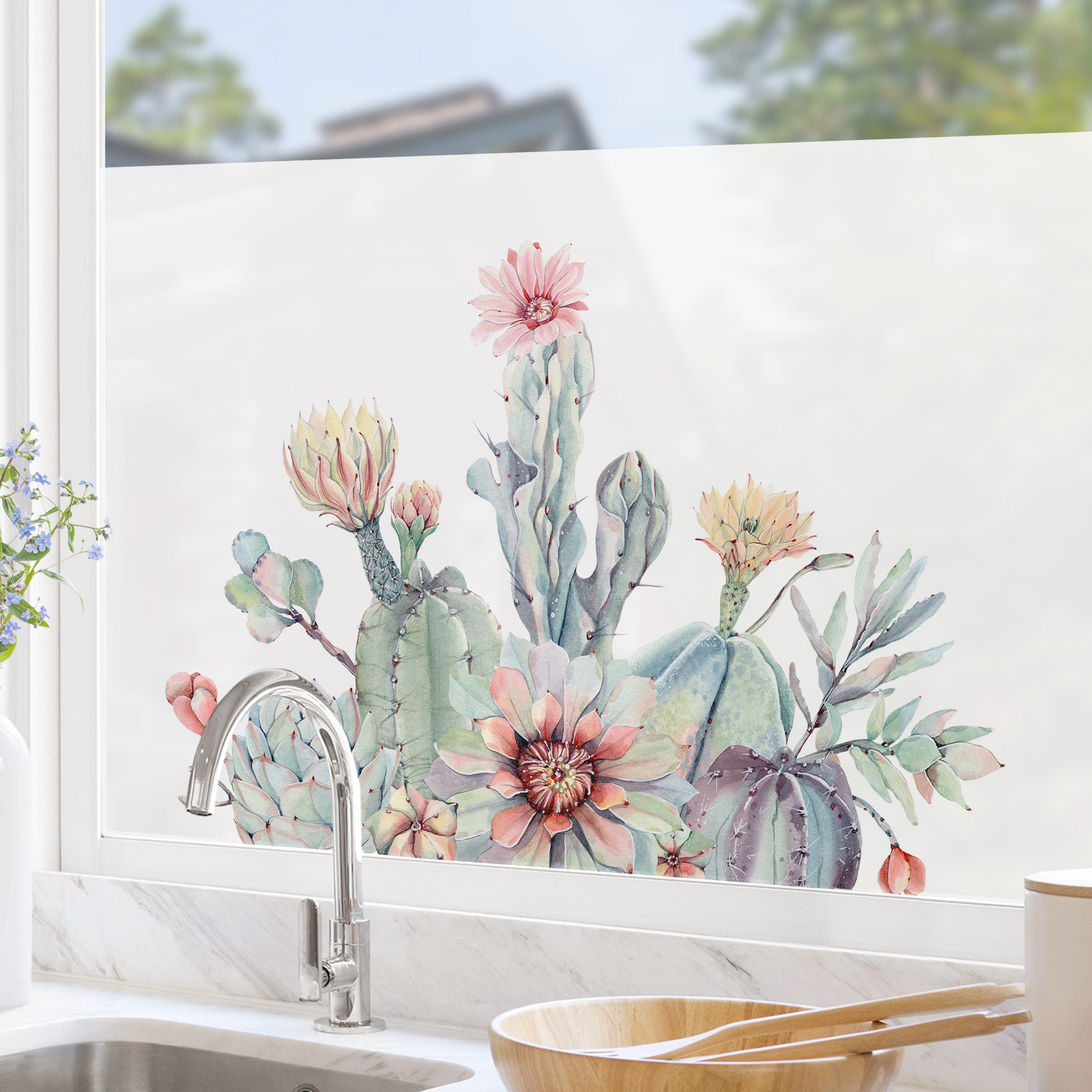 Fensterfolie Aquarell Kaktus Blüte Bouquet