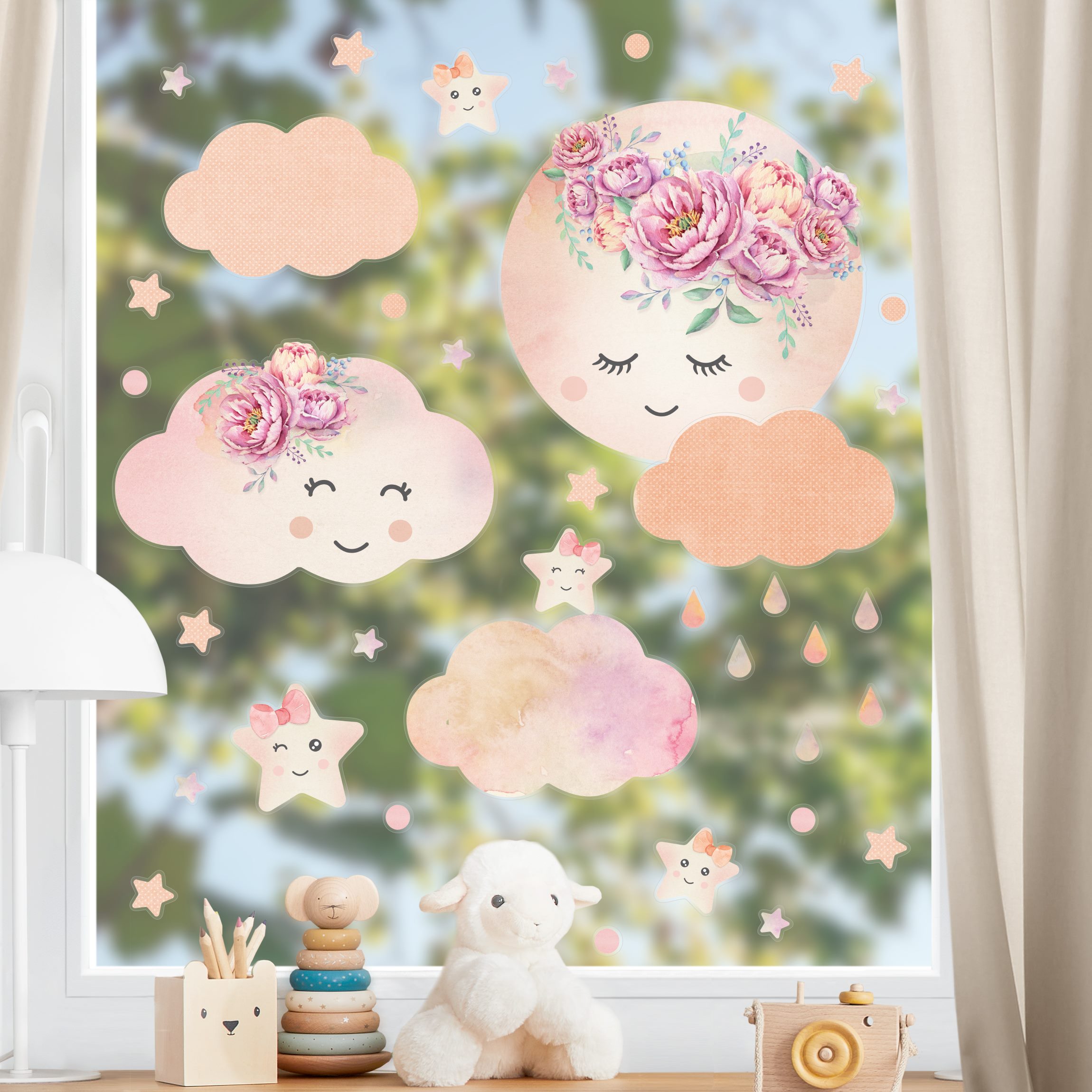Fensteraufkleber Aquarell Mond Wolken und Sterne mit Rosen