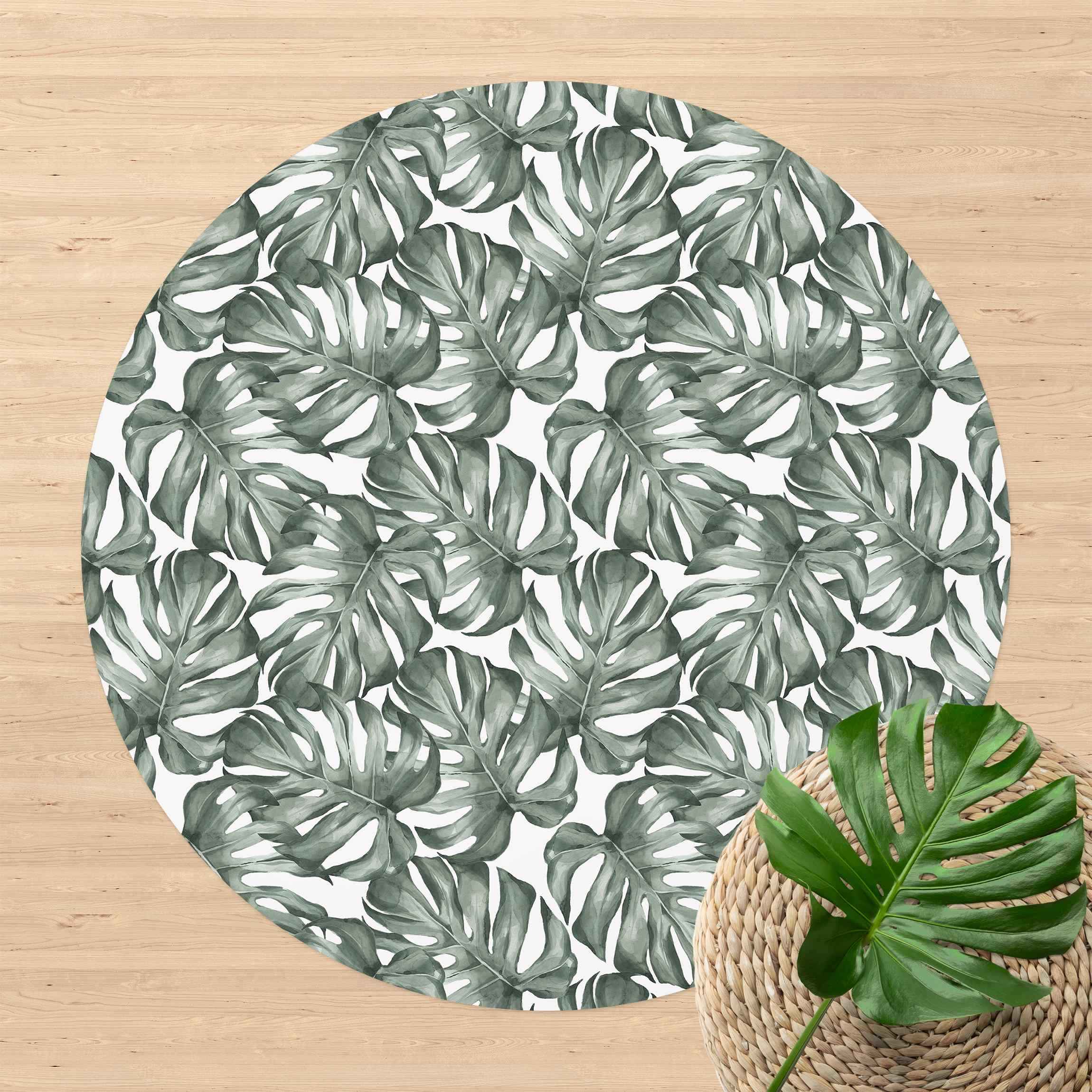 Runder Vinyl-Teppich Aquarell Monstera Blätter in Grün