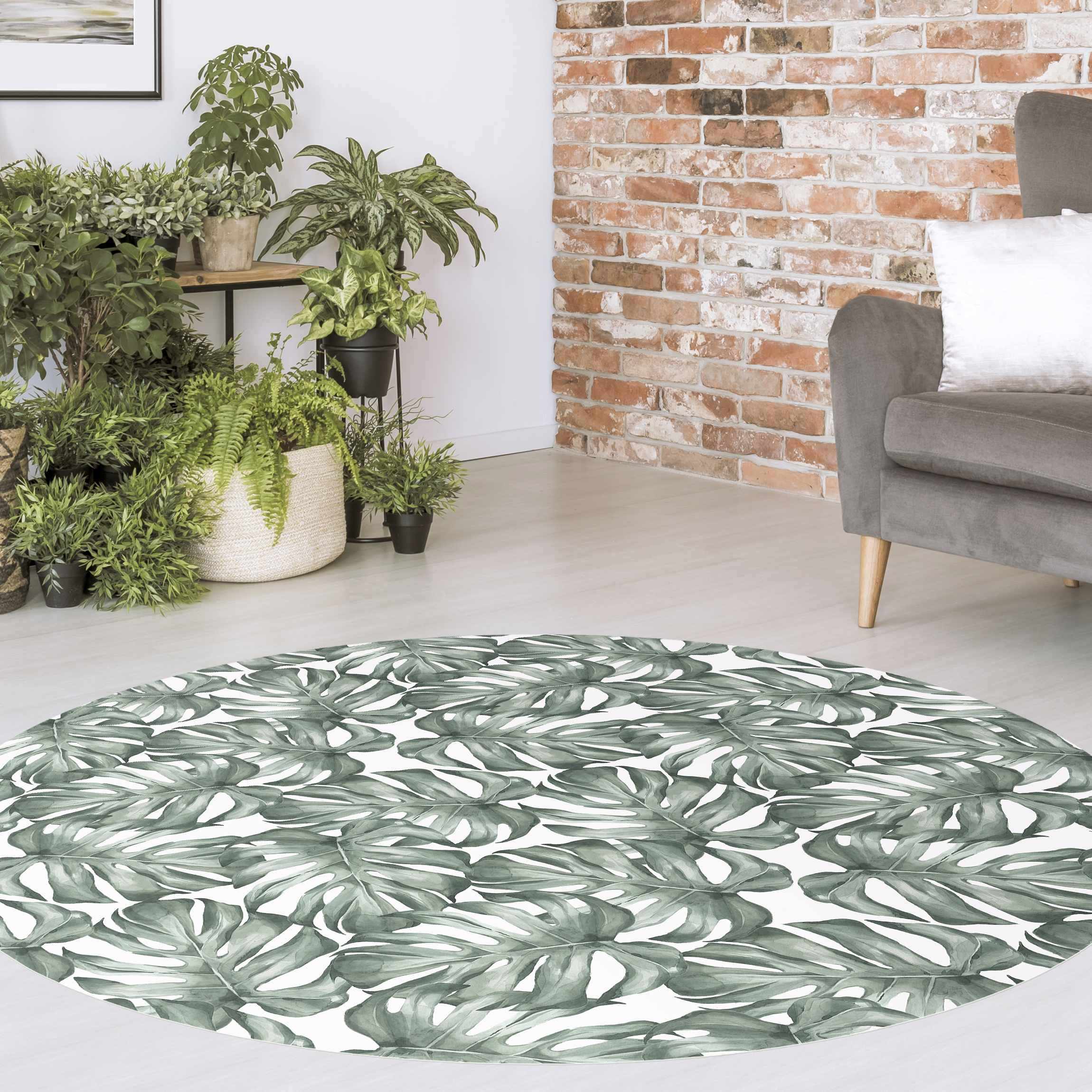 Runder Vinyl-Teppich Aquarell Monstera Blätter in Grün