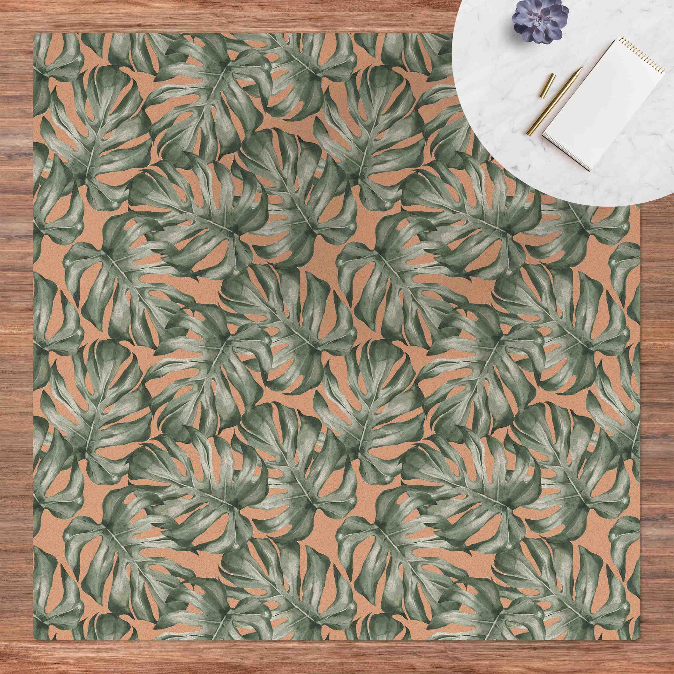 Kork-Teppich Aquarell Monstera Blätter in Grün