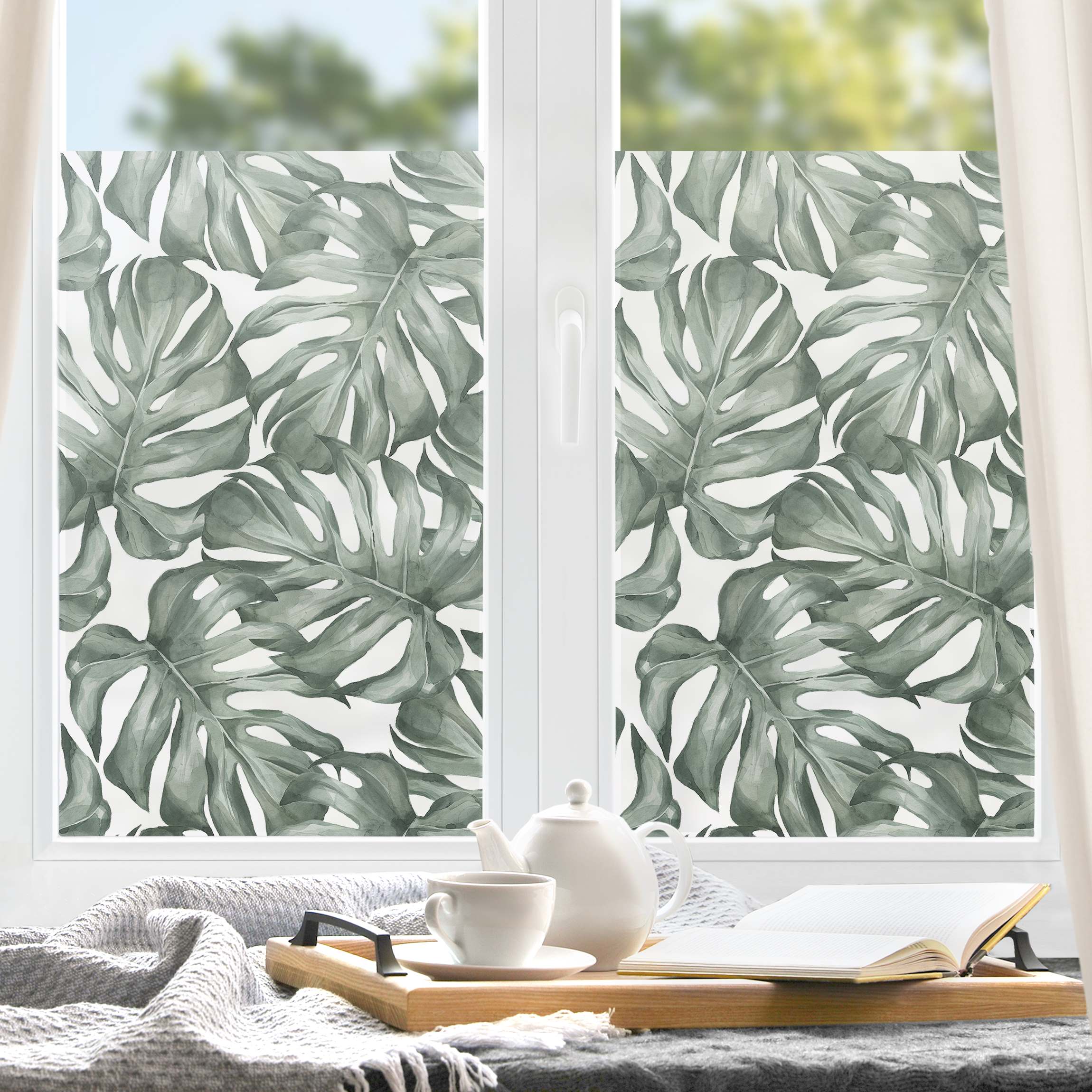 Fensterfolie Aquarell Monstera Blätter in Grün