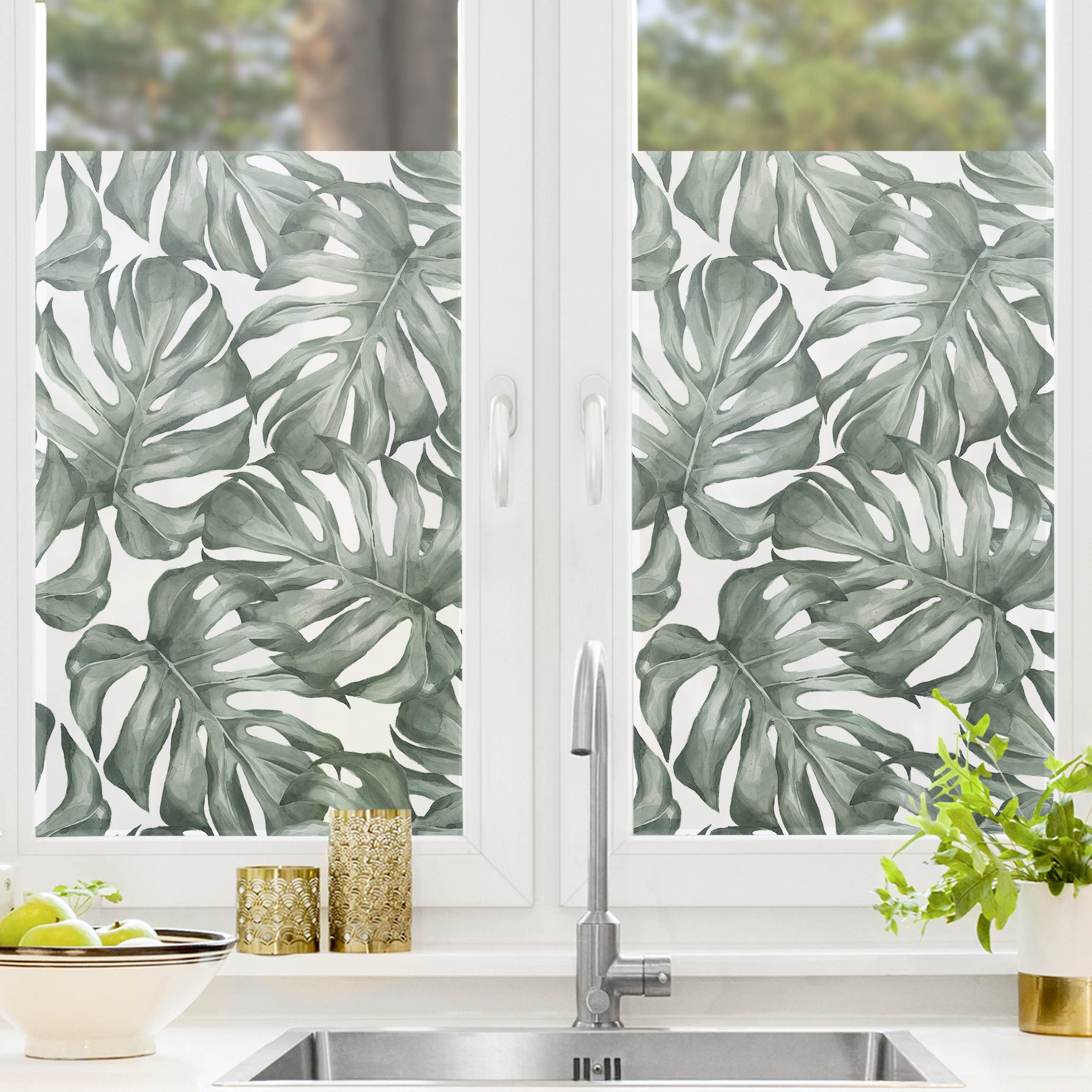 Fensterfolie Aquarell Monstera Blätter in Grün