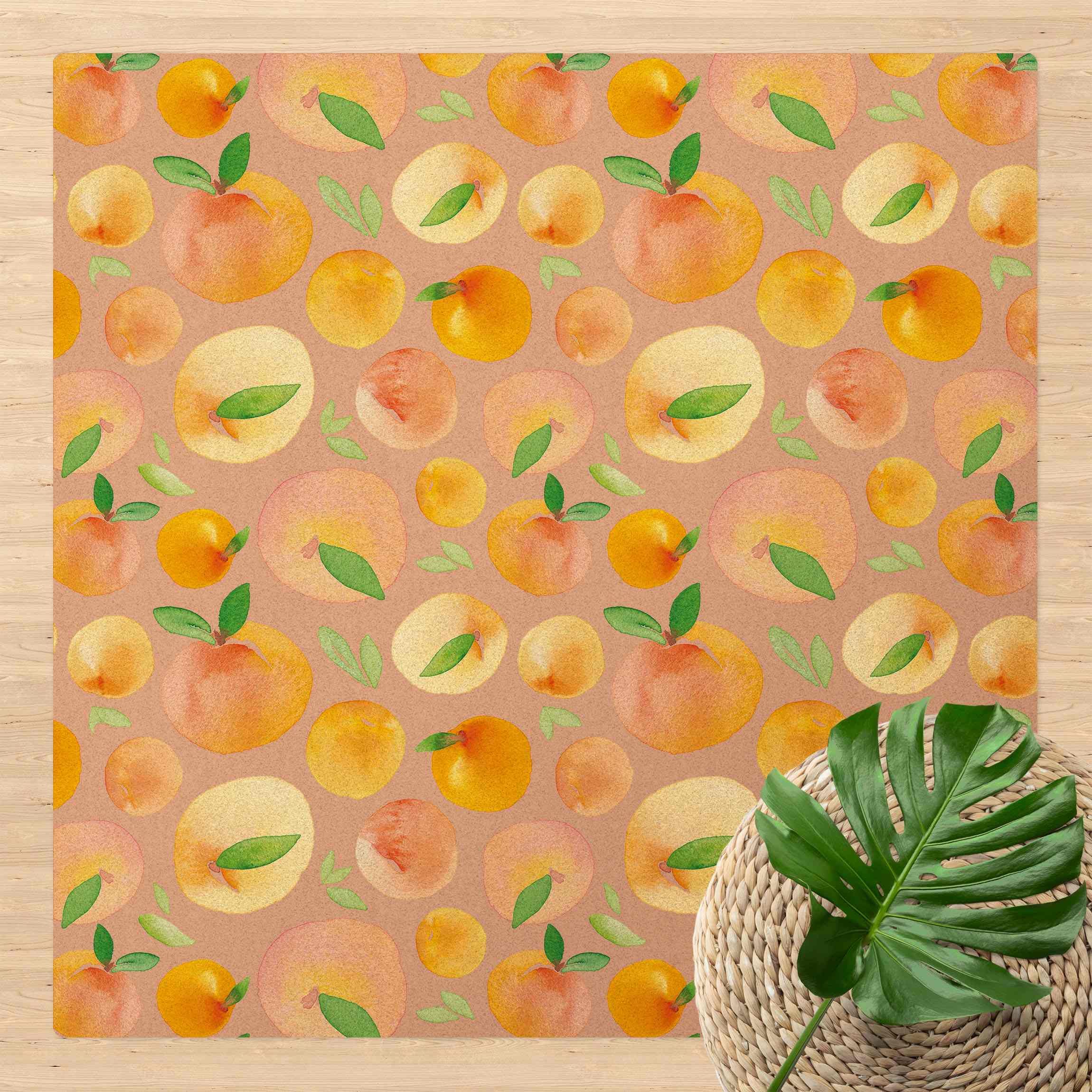Kork-Teppich Aquarell Orangen mit Blättern