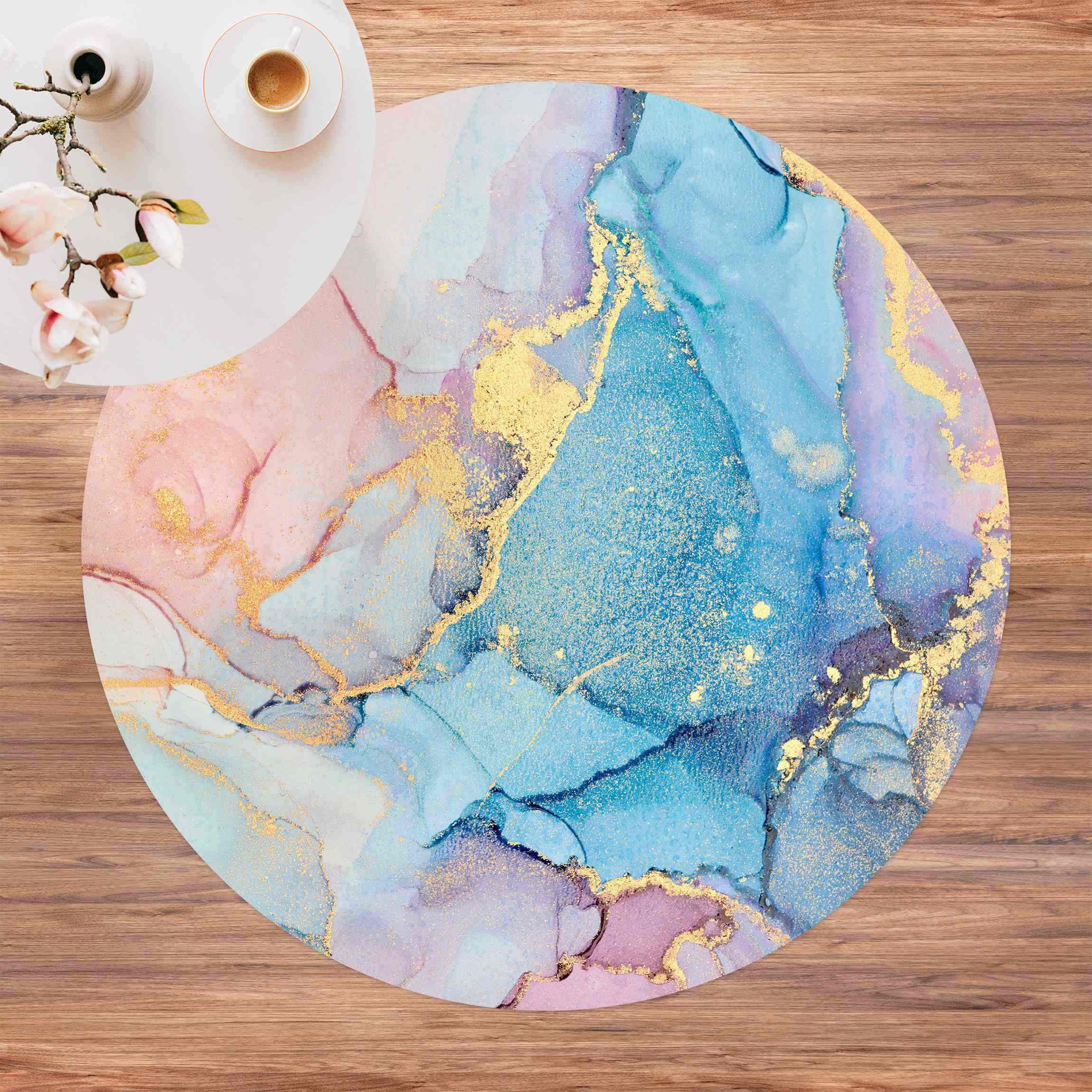 Runder Vinyl-Teppich Aquarell Pastell Bunt mit Gold