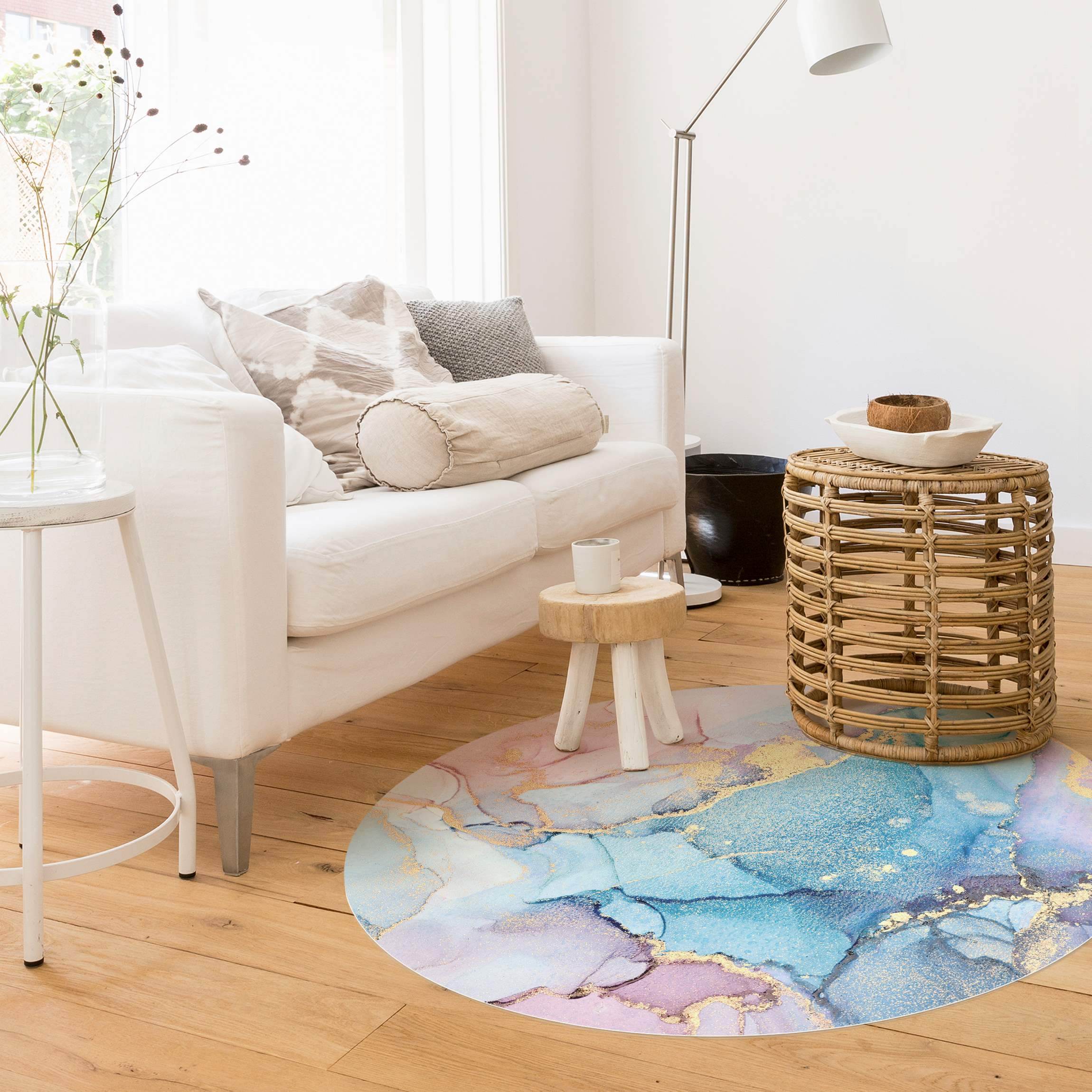 Runder Vinyl-Teppich Aquarell Pastell Bunt mit Gold